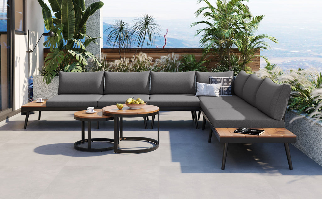 Outdoor Sectional Set Acacia Wood Steel Gray with Nesting Tables