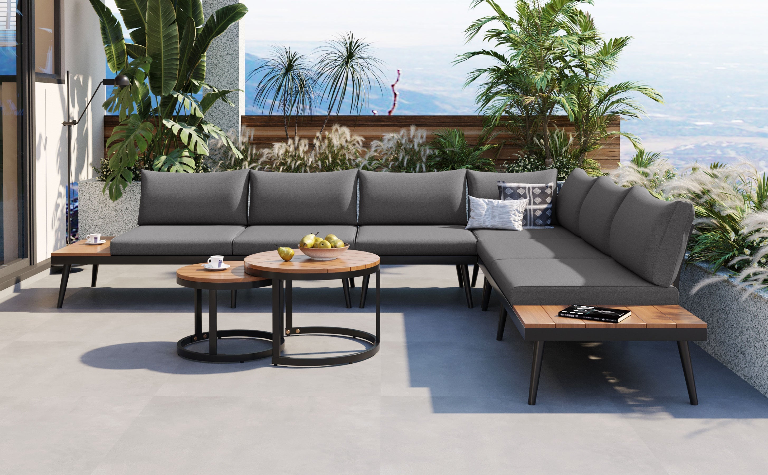 Outdoor Sectional Set Acacia Wood Steel Gray with Nesting Tables