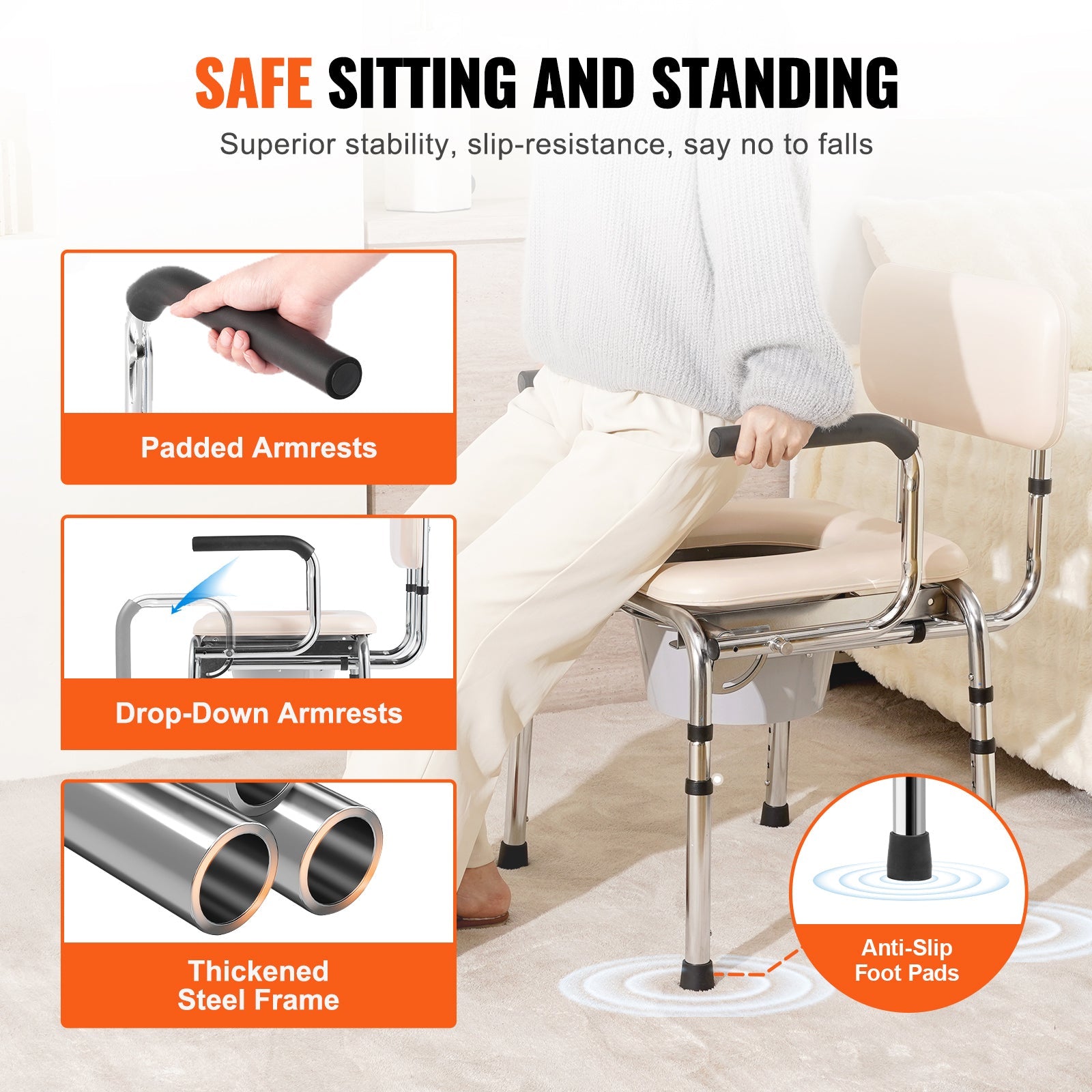 Commode Chair Padded Seat Drop-Down Arms 7-Level Adjustable Steel 350 LB