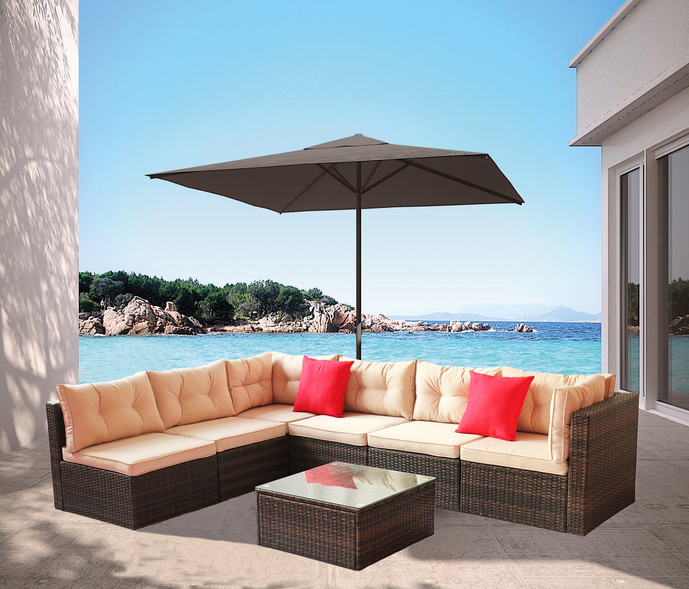 Outdoor Sectional Set PE Rattan 7 Piece Seats 6