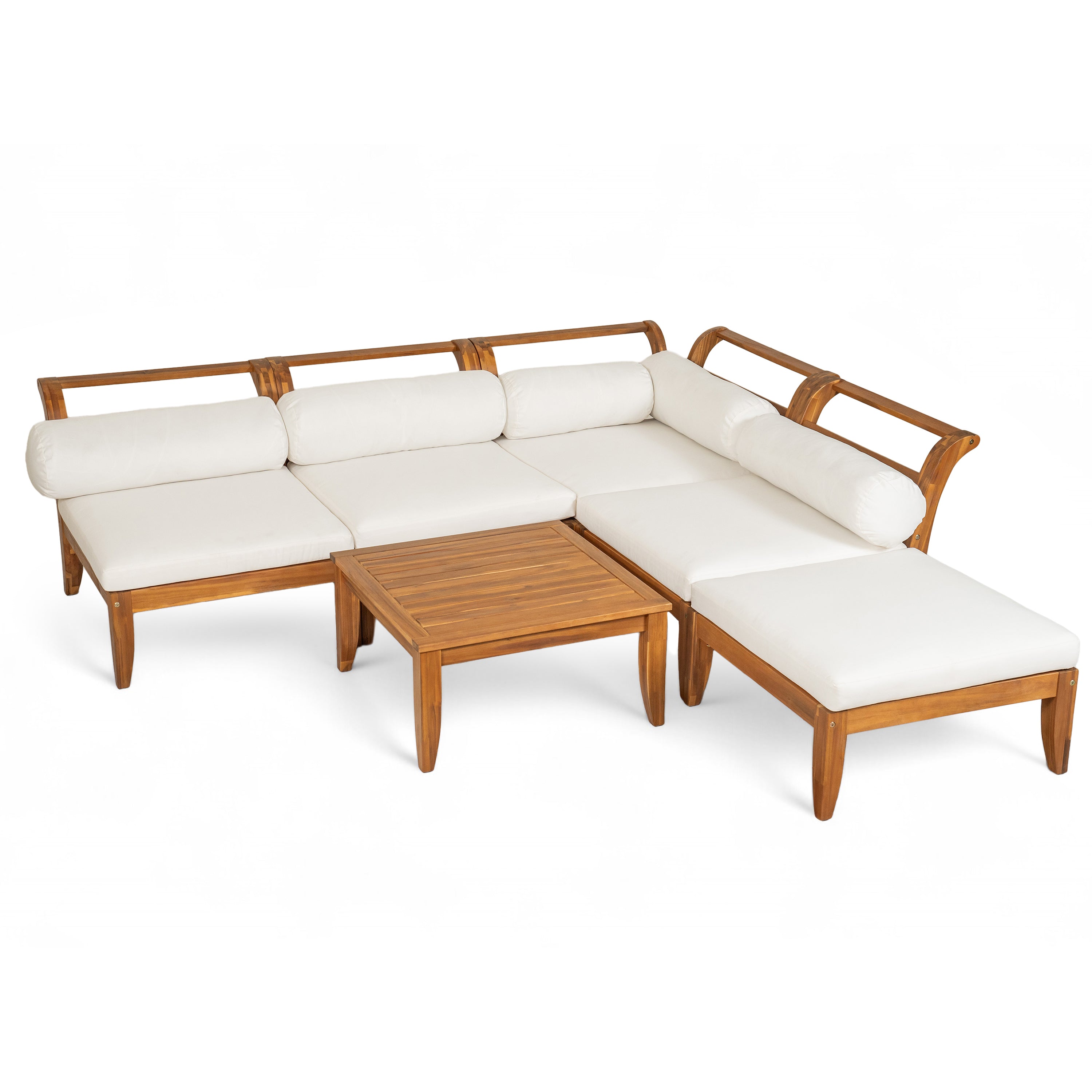 Outdoor Patio Set L-Shape Acacia Wood Teak Beige Cushions 6 Piece