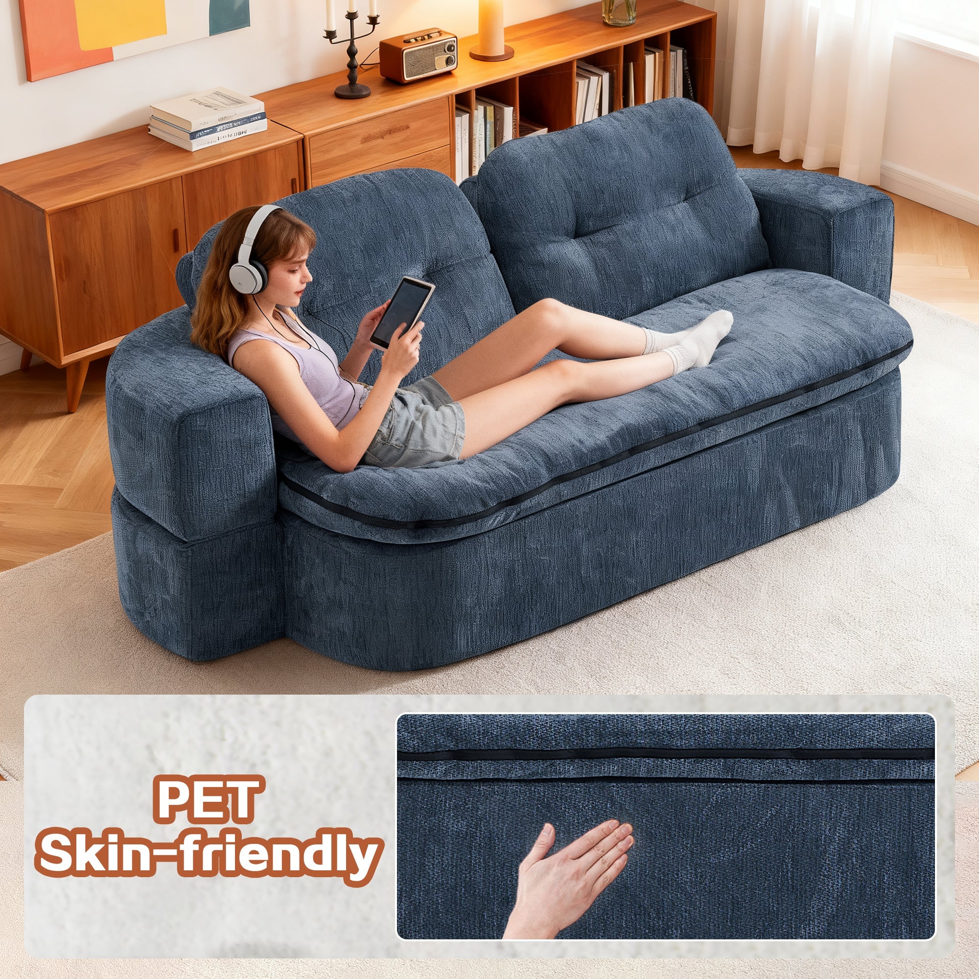 Sofa Bed Floor Modern Dark Blue Convertible Sleeper No Assembly 78.7 In