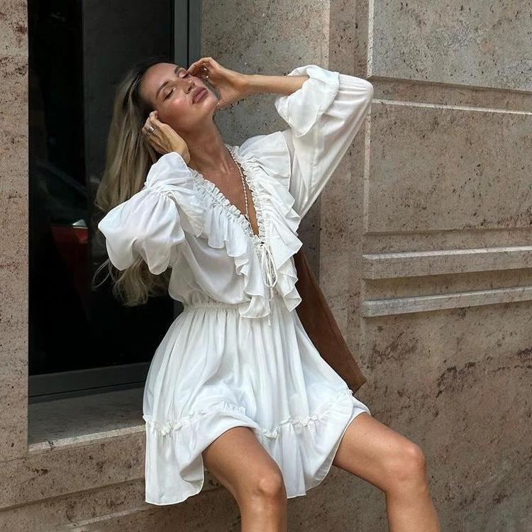 V Neck Pleated Ruffle Dress - Y2K Flared Sleeve Short Dress