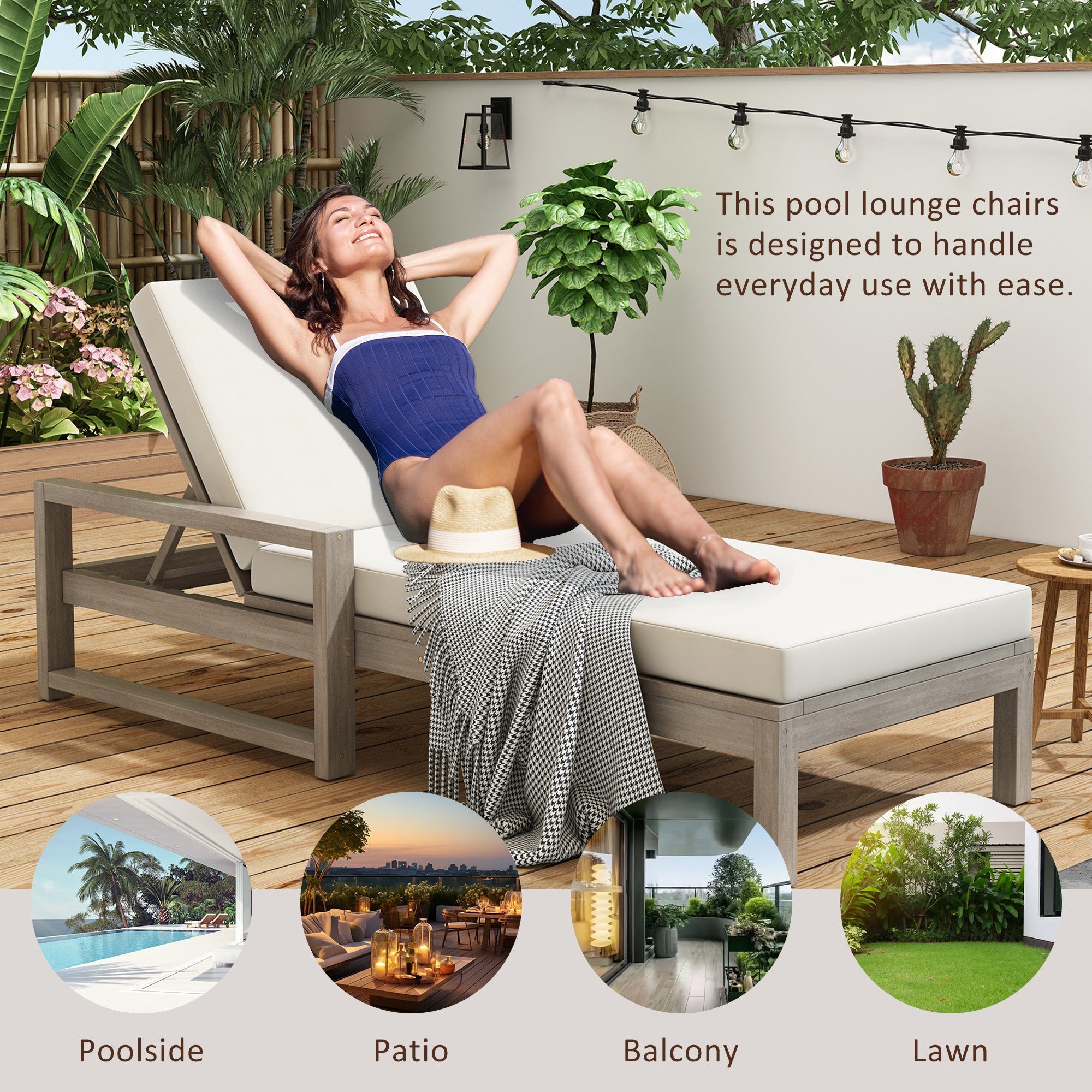 Chaise Lounge Acacia Wood Gray Beige Cushion 5 Position 400 LB