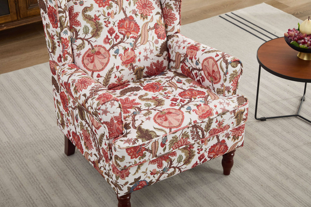 Accent Chair Wingback Linen Floral Red Pine Legs 28x30x38 In