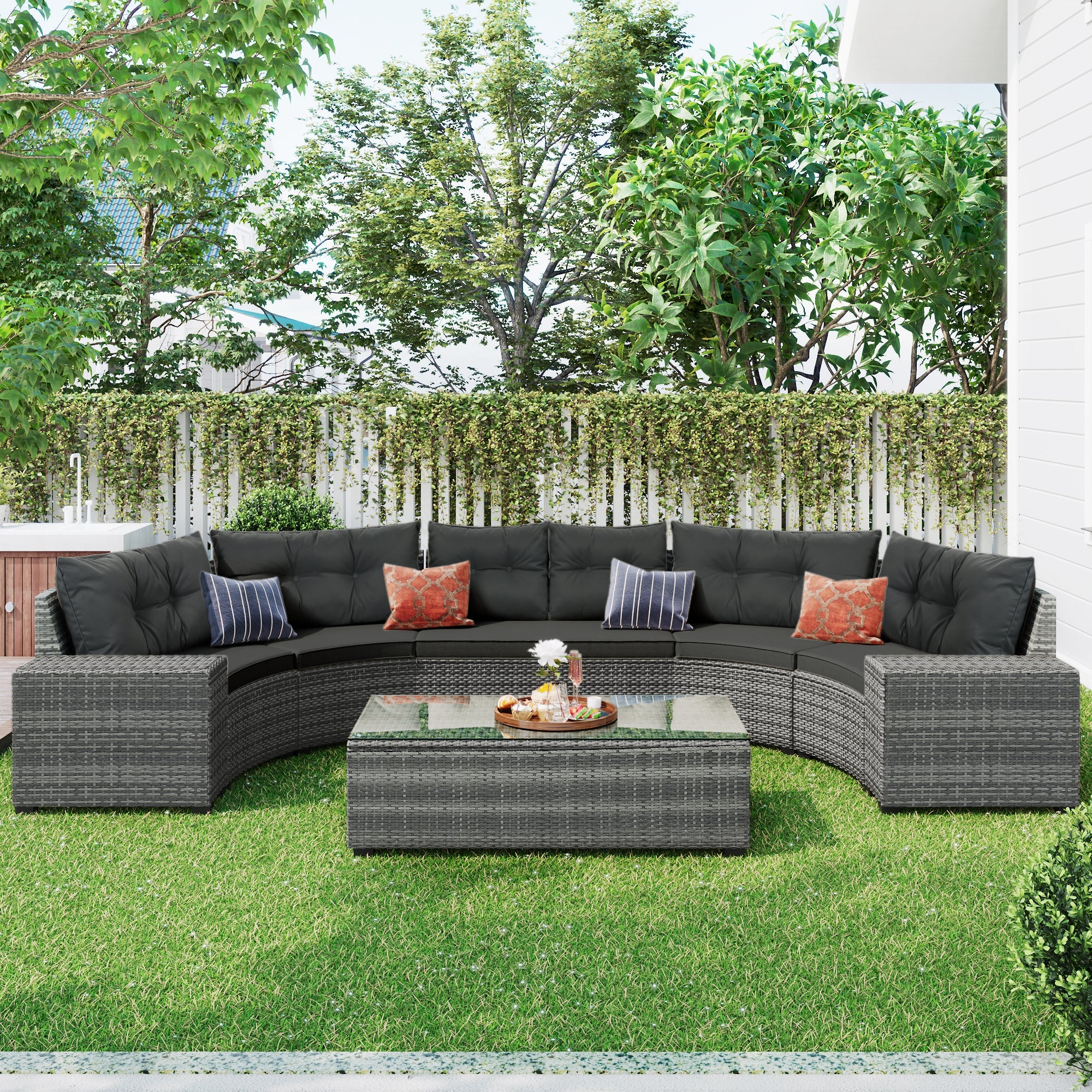 Outdoor Sectional Set PE Wicker Steel Gray Half Moon 8 Piece 250 LB