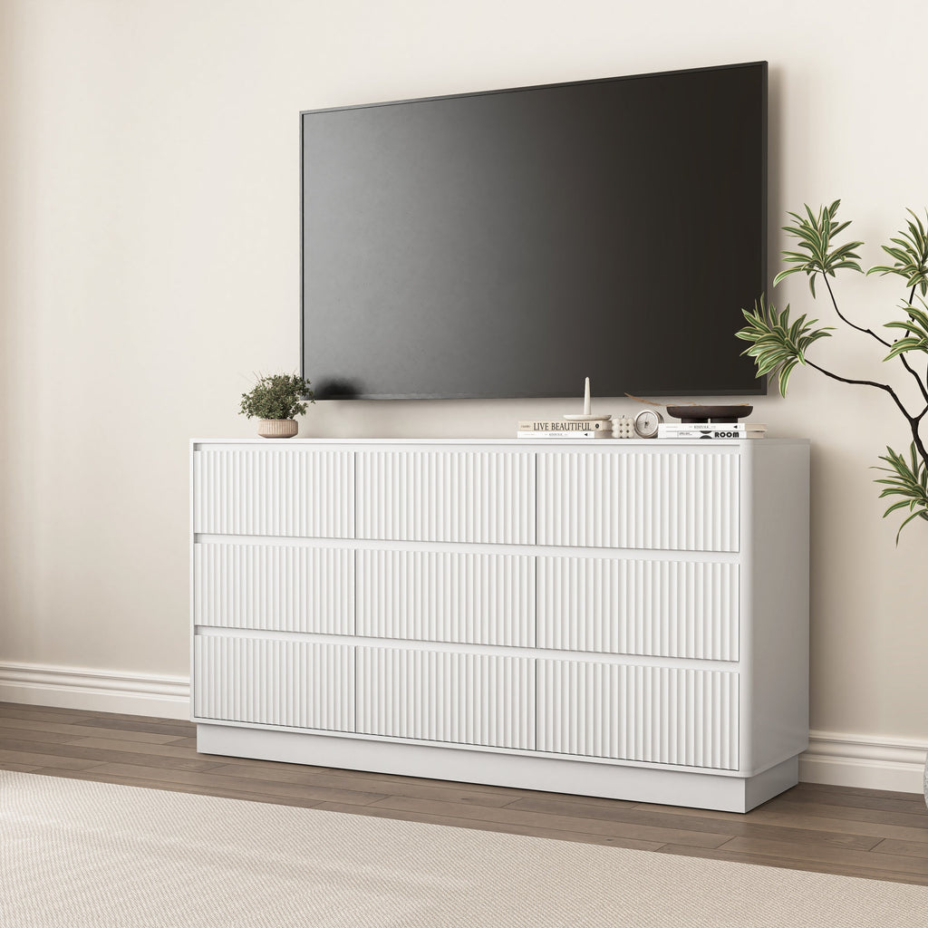Dresser Mid-Century 9-Drawer White Wave No-Handle 59.1x15.7x31.6 In