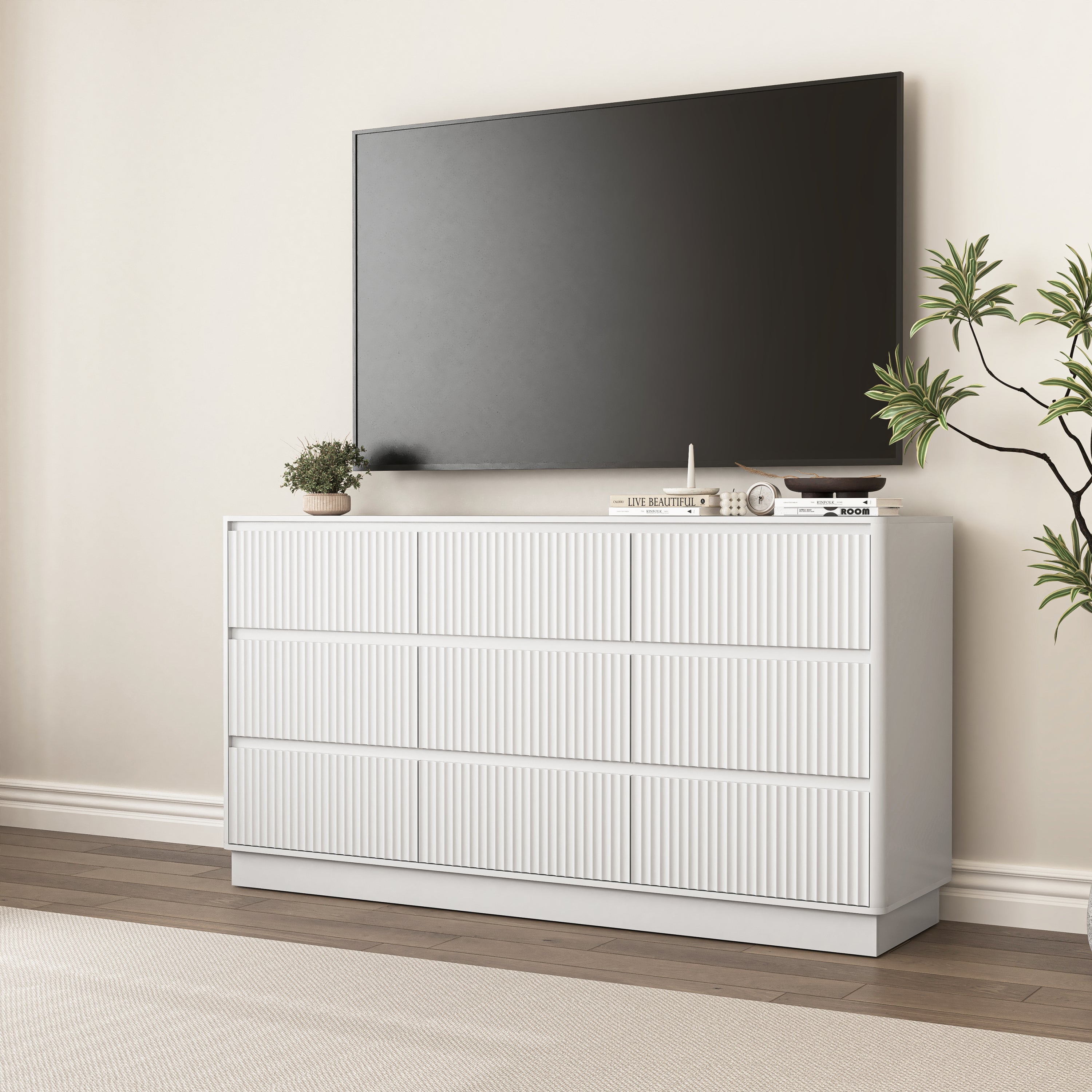 Dresser Mid-Century 9-Drawer White Wave No-Handle 59.1x15.7x31.6 In
