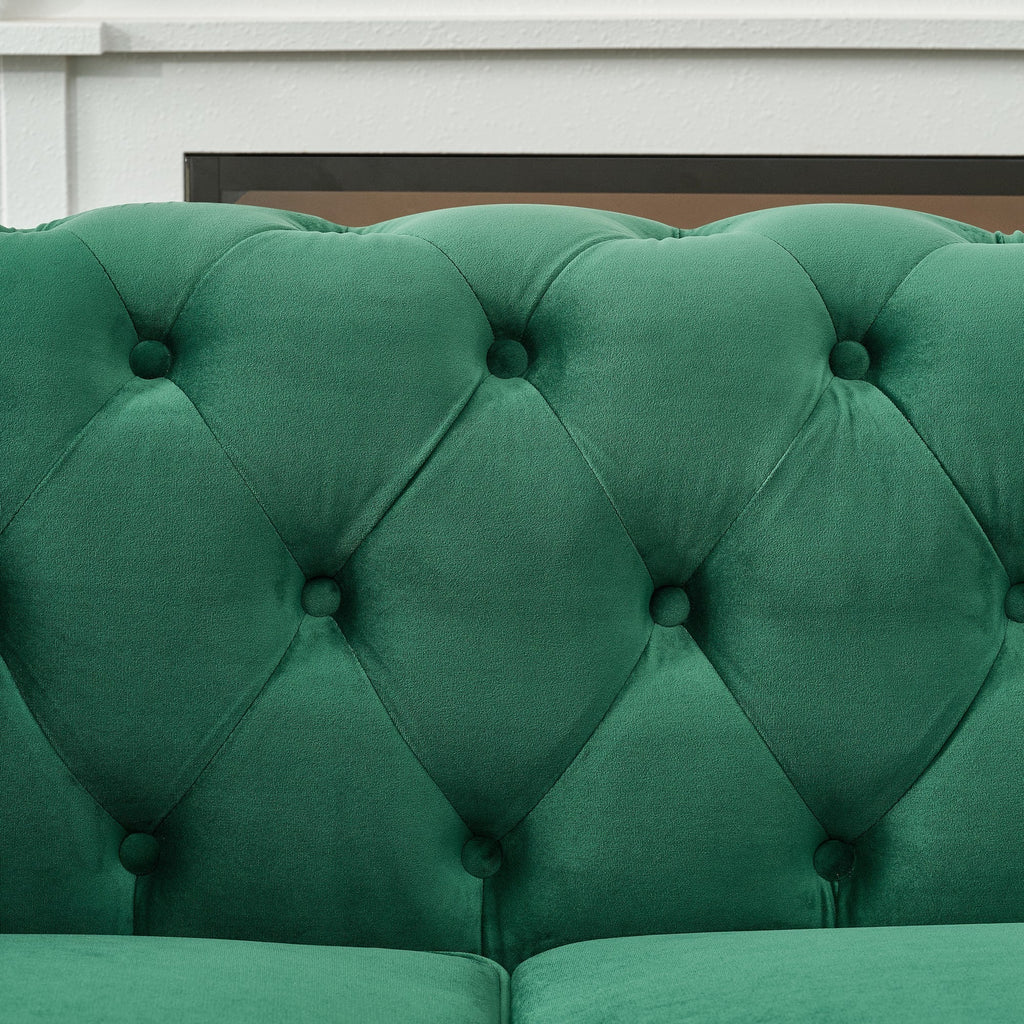 Loveseat Chesterfield Velvet Green Mid-Century Nailhead Rolled Arms 67 In