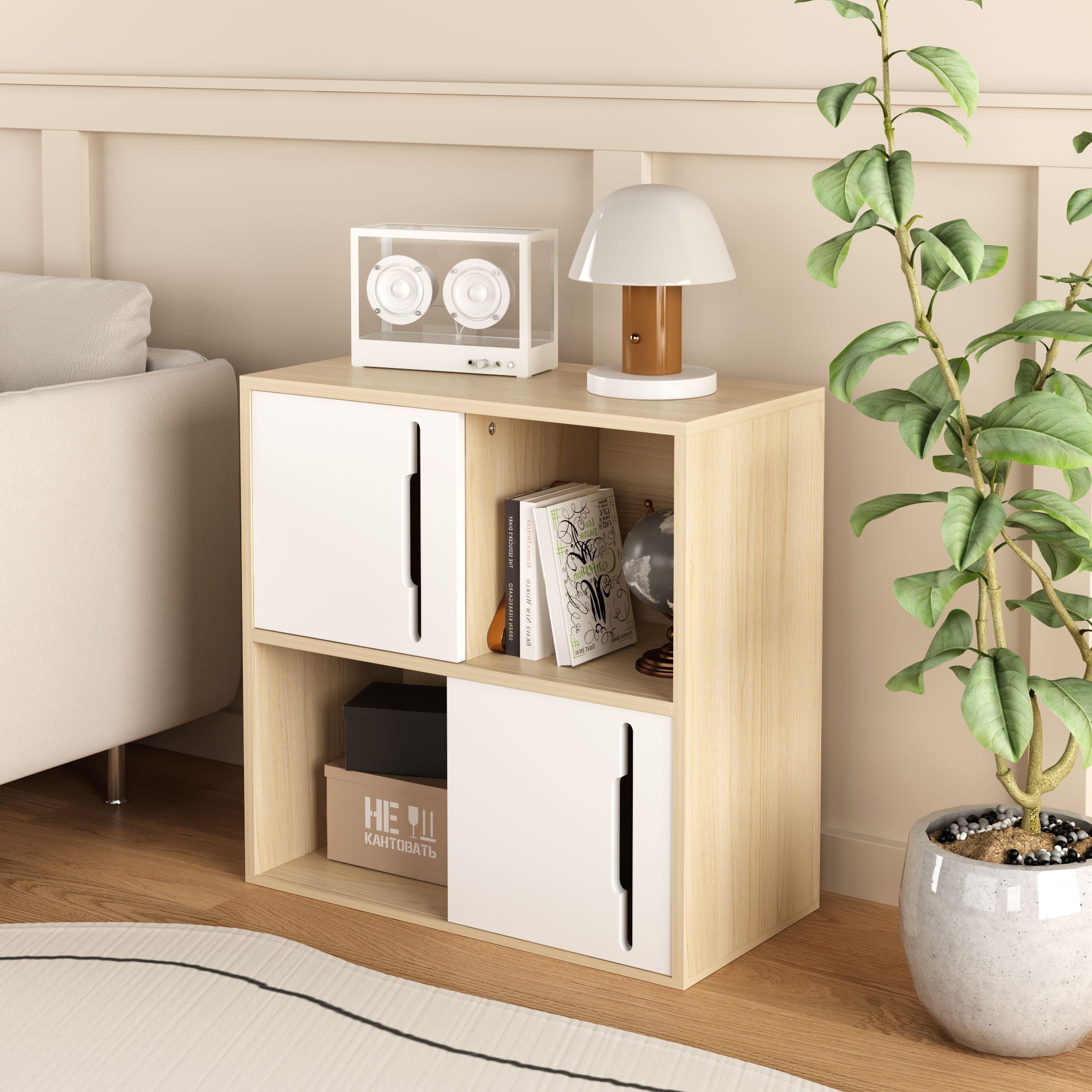 Storage Cabinet With Sliding Doors, 2 Tier Open And Closed Shelves Organizer - Natural / White