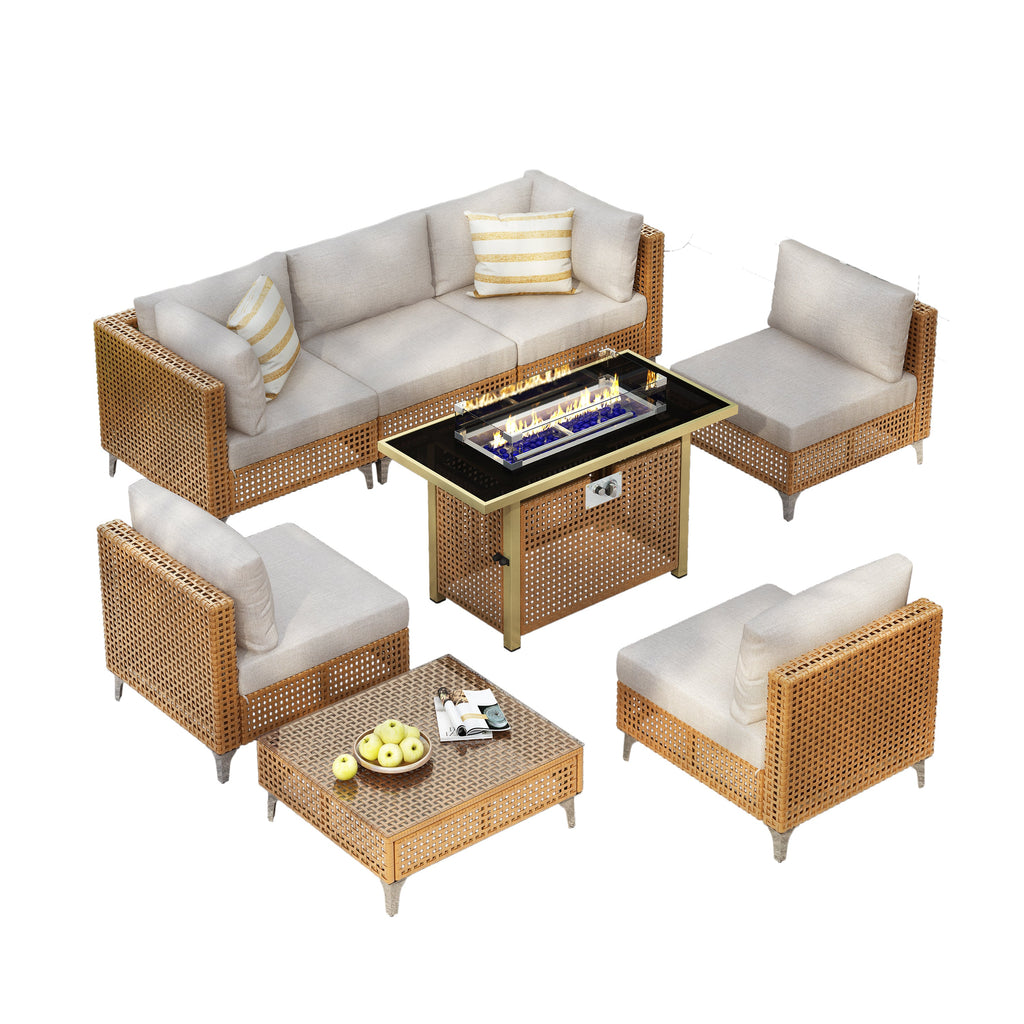 Outdoor Patio Set with Fire Pit Table Rattan Metal Beige 8 Piece