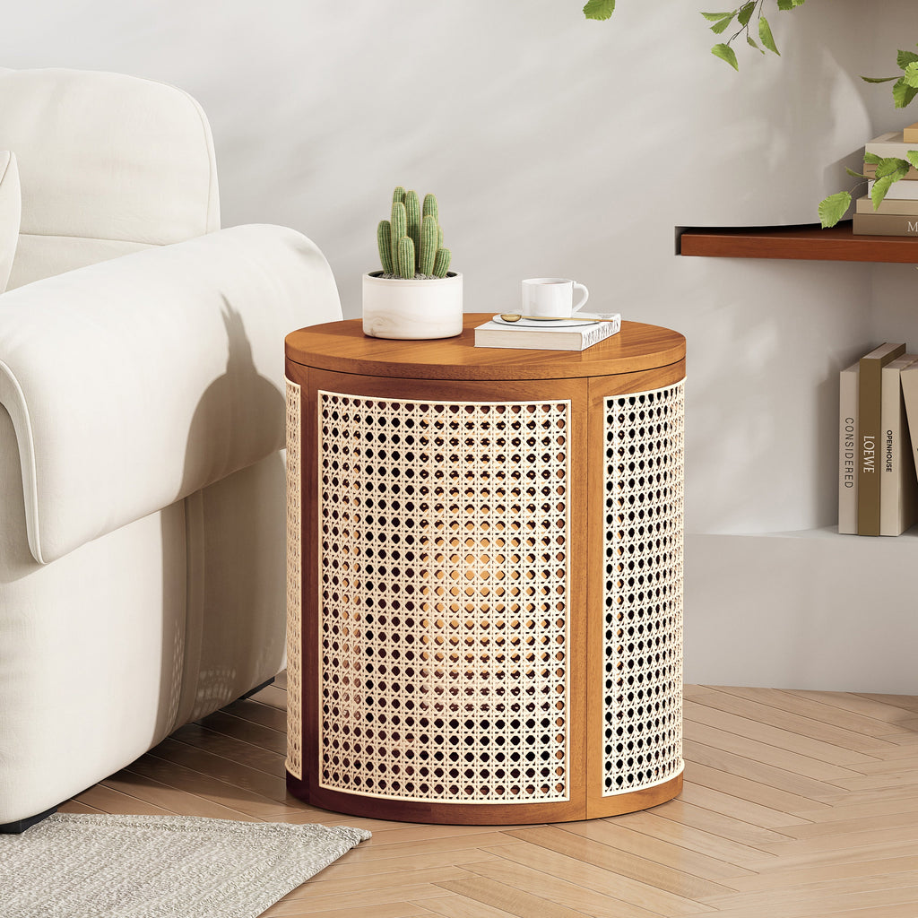 15.70' Round End Table, Hollow Woven Side Table, Small Rubber Wood Nightstand,