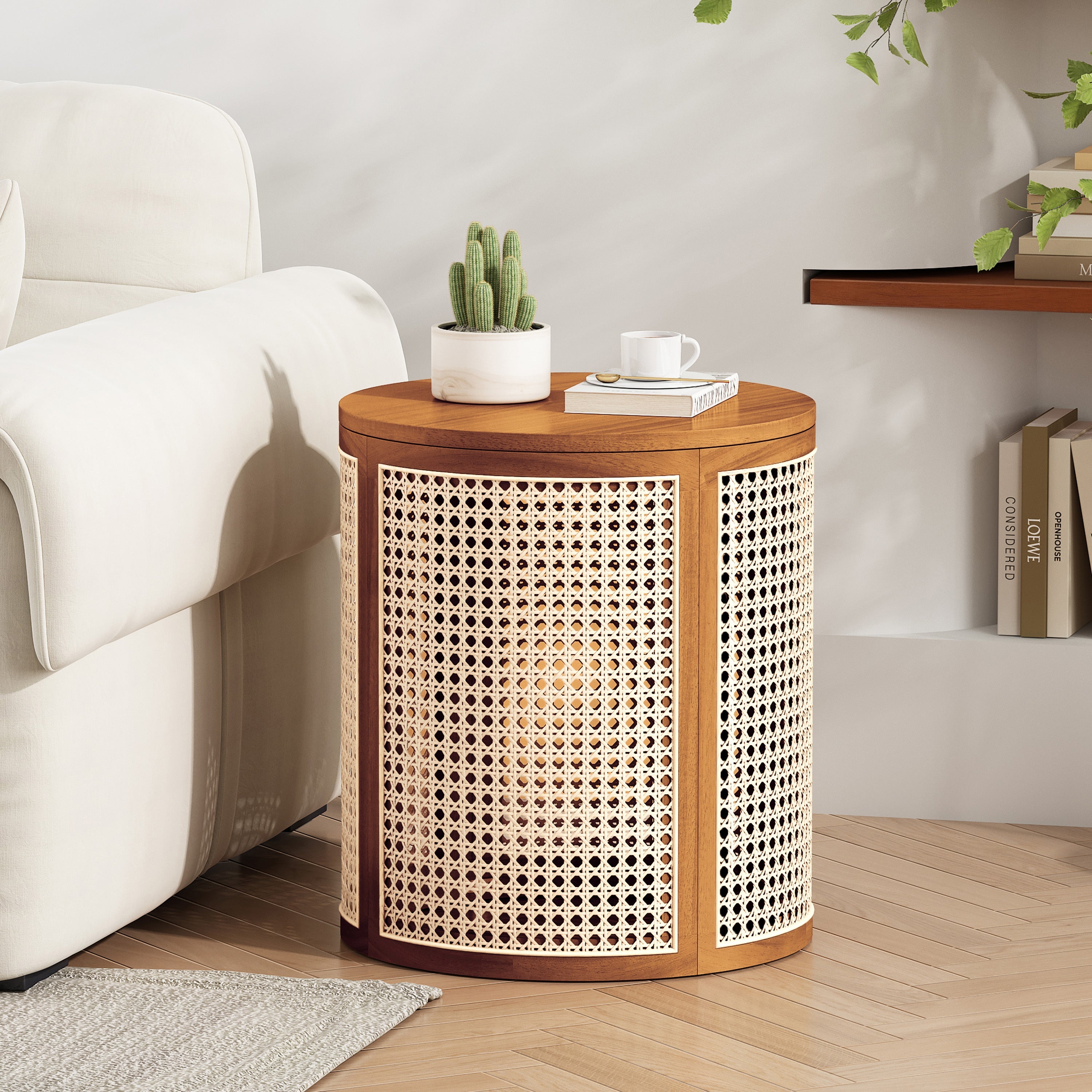15.70' Round End Table, Hollow Woven Side Table, Small Rubber Wood Nightstand,