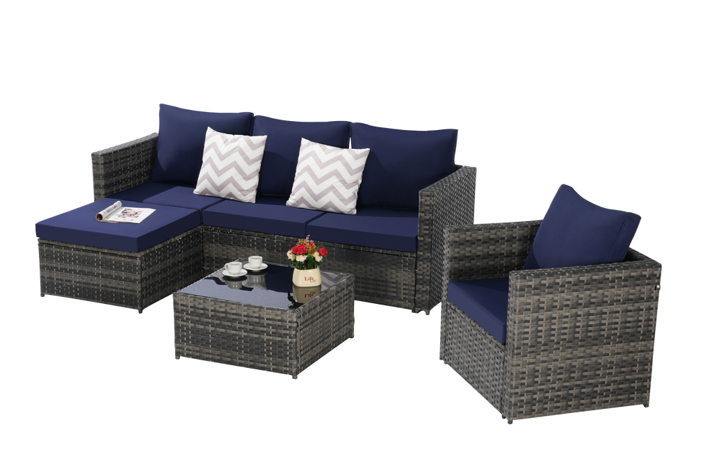 Outdoor Sectional Set PE Rattan Steel Dark Blue 4 Piece Seats 6 380 LB