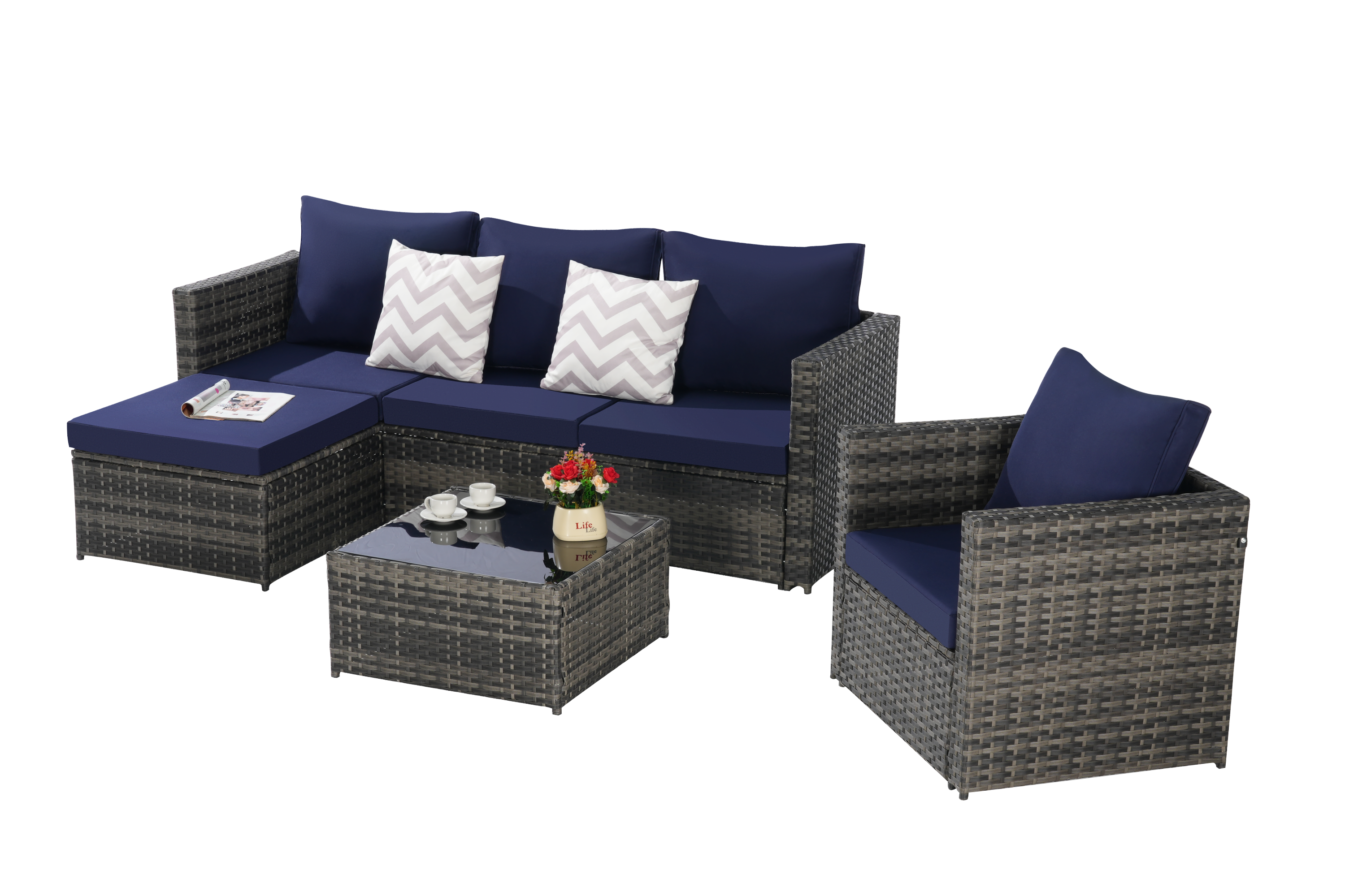 Outdoor Sectional Set PE Rattan Steel Dark Blue 4 Piece Seats 6 380 LB