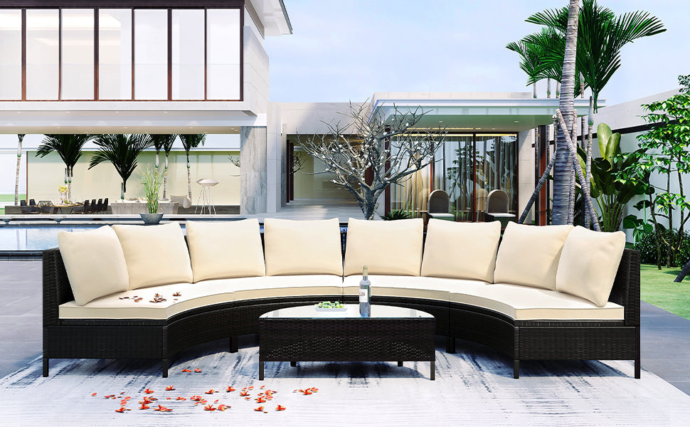 Outdoor Patio Set Half Moon PE Rattan Steel Beige 5 Piece Tempered Glass