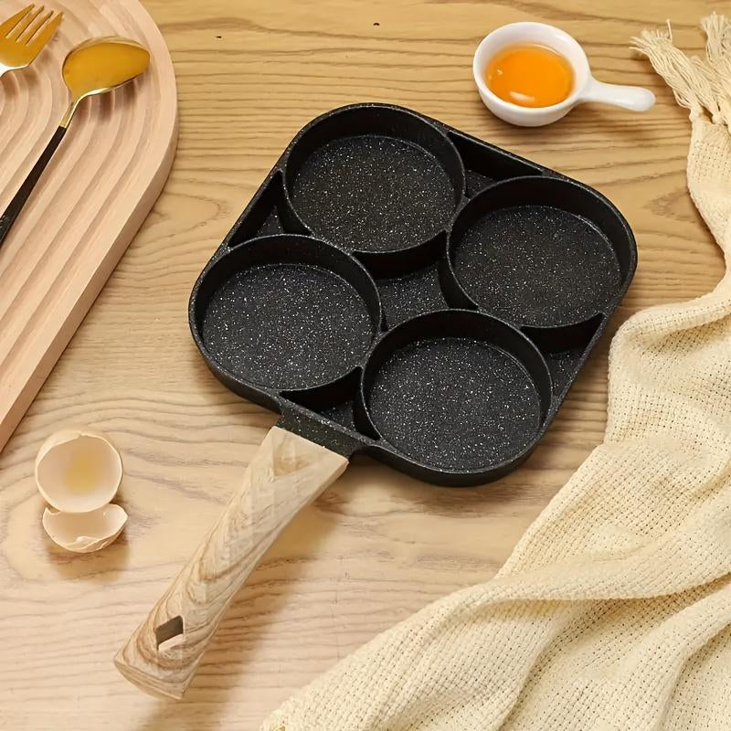 Non-Stick 4-Hole Star Egg Pan Cookware, Granite-Style Pancake Skillet with Wooden Handle, Small Frying Pan for Eggs, Omelets, Toast, Pancakes, Crepes, Sandwiches, Breakfast, Easy Clean, Kitchen Gadget, Multifunctional, Birthday Gift