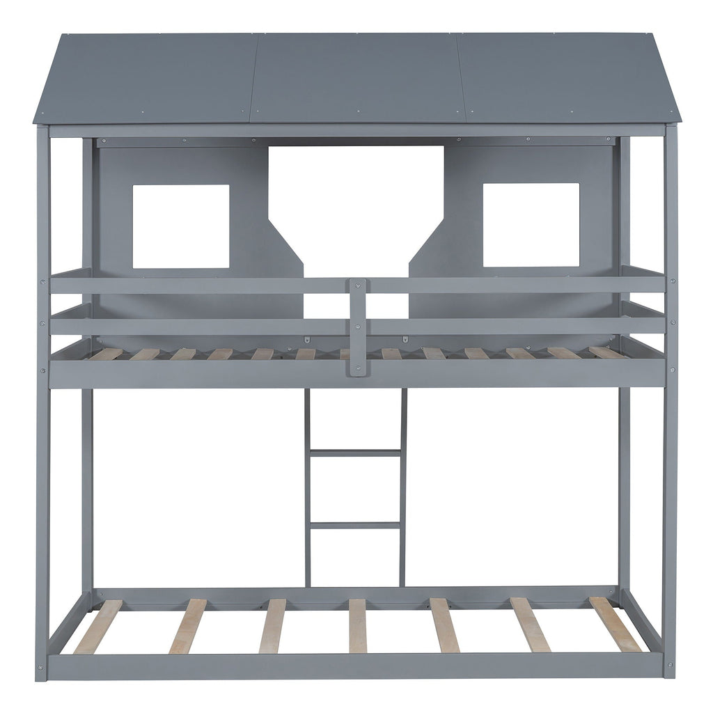 Twin Over Twin Bunk Bed With Roof, Window, Guardrail, Ladder
