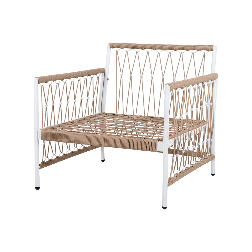 Outdoor Patio Set Bohemian Rope Steel Beige 3 Piece Glass Top Table