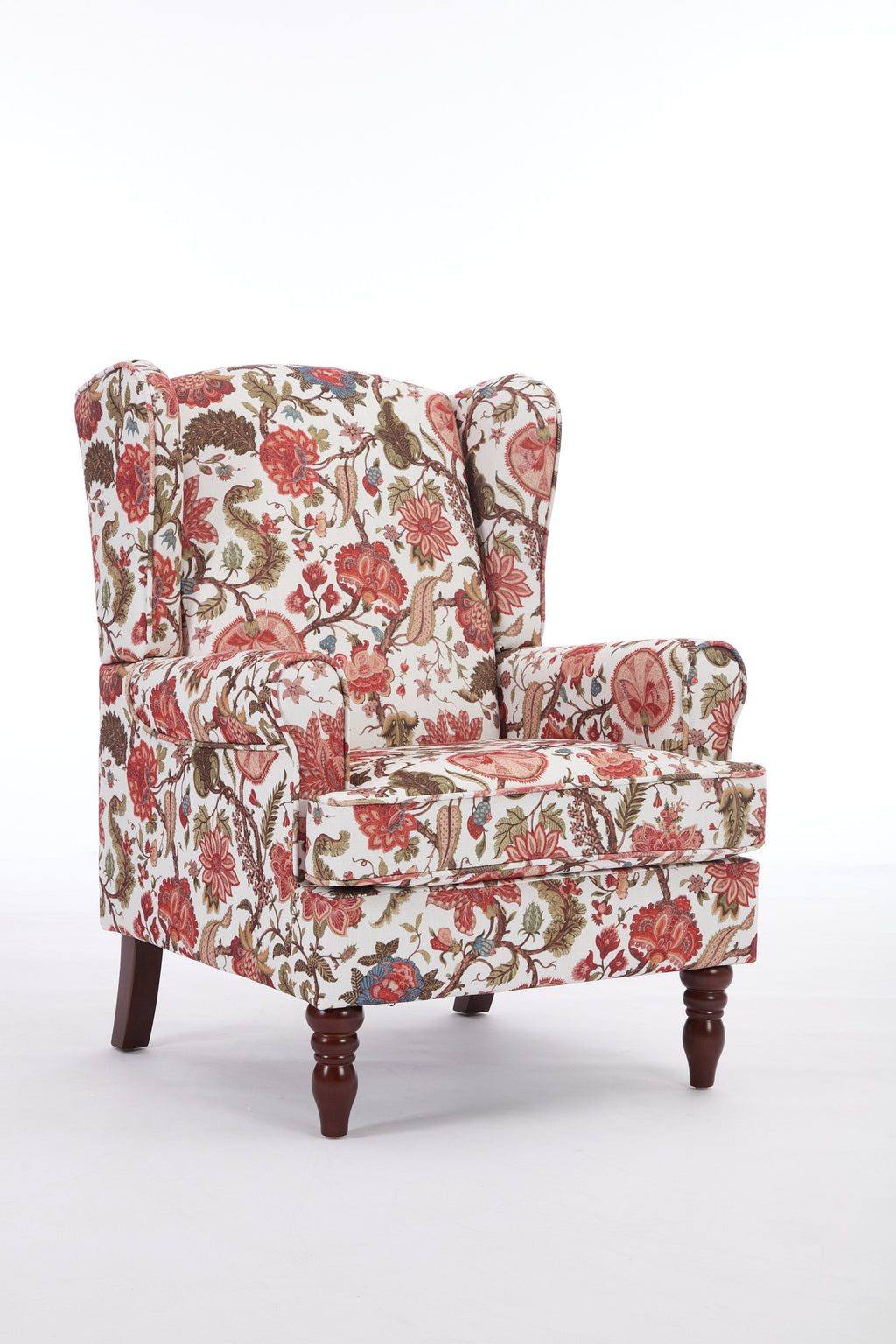 Accent Chair Wingback Linen Floral Red Pine Legs 28x30x38 In