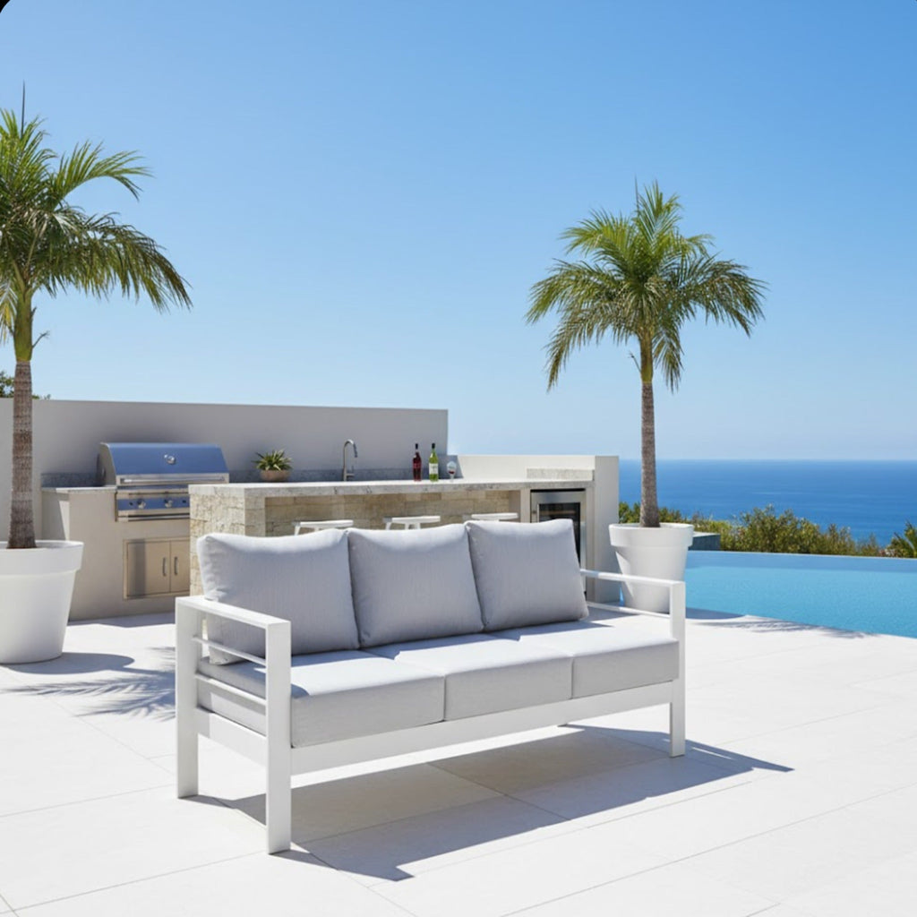 Outdoor Aluminum Sofa 3 Seat 74in White Cushions