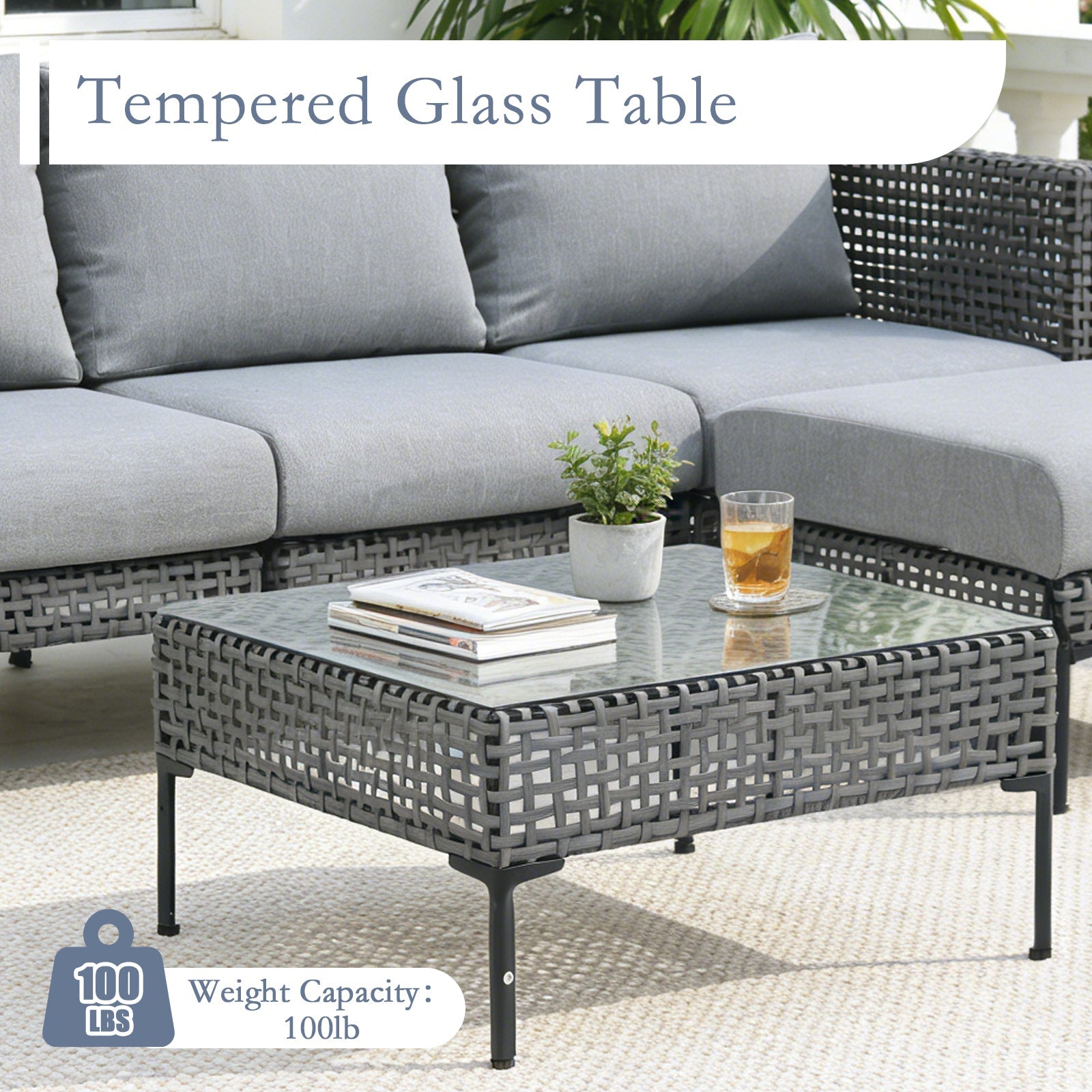 Outdoor Sectional Set Aluminum Woodgrain Gray L-Shape Adjustable Feet
