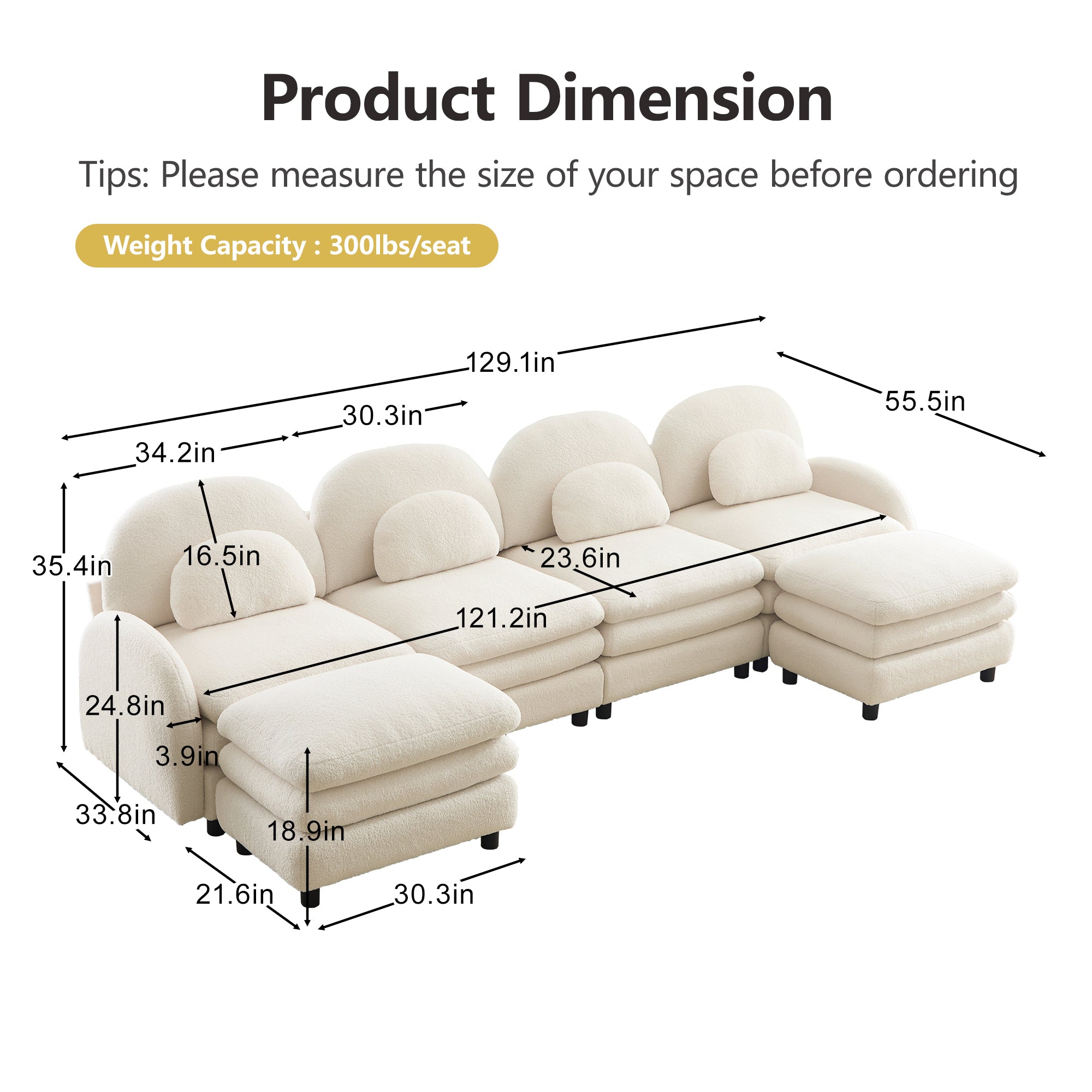 Sectional Sofa Modular Teddy Fleece Beige 4 Seat Curved Back with Ottomans
