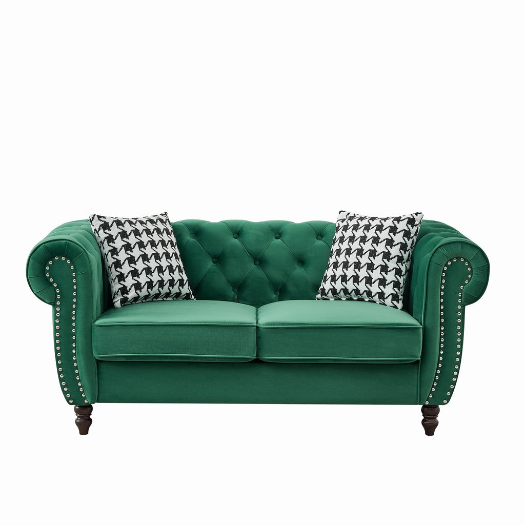 Loveseat Chesterfield Velvet Green Mid-Century Nailhead Rolled Arms 67 In