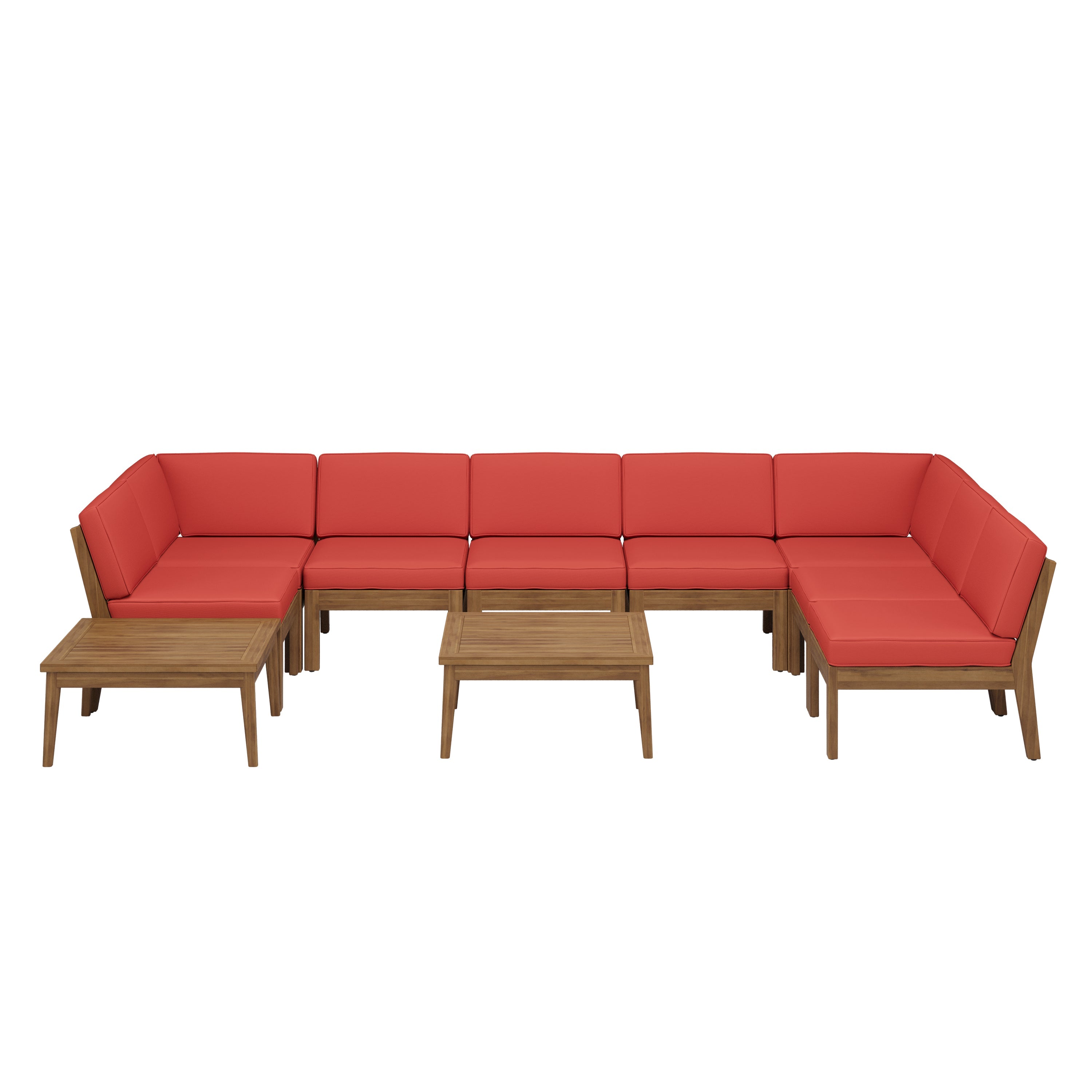 Outdoor Sectional Set Acacia Wood Teak Red Cushions 8 Seat Slatted