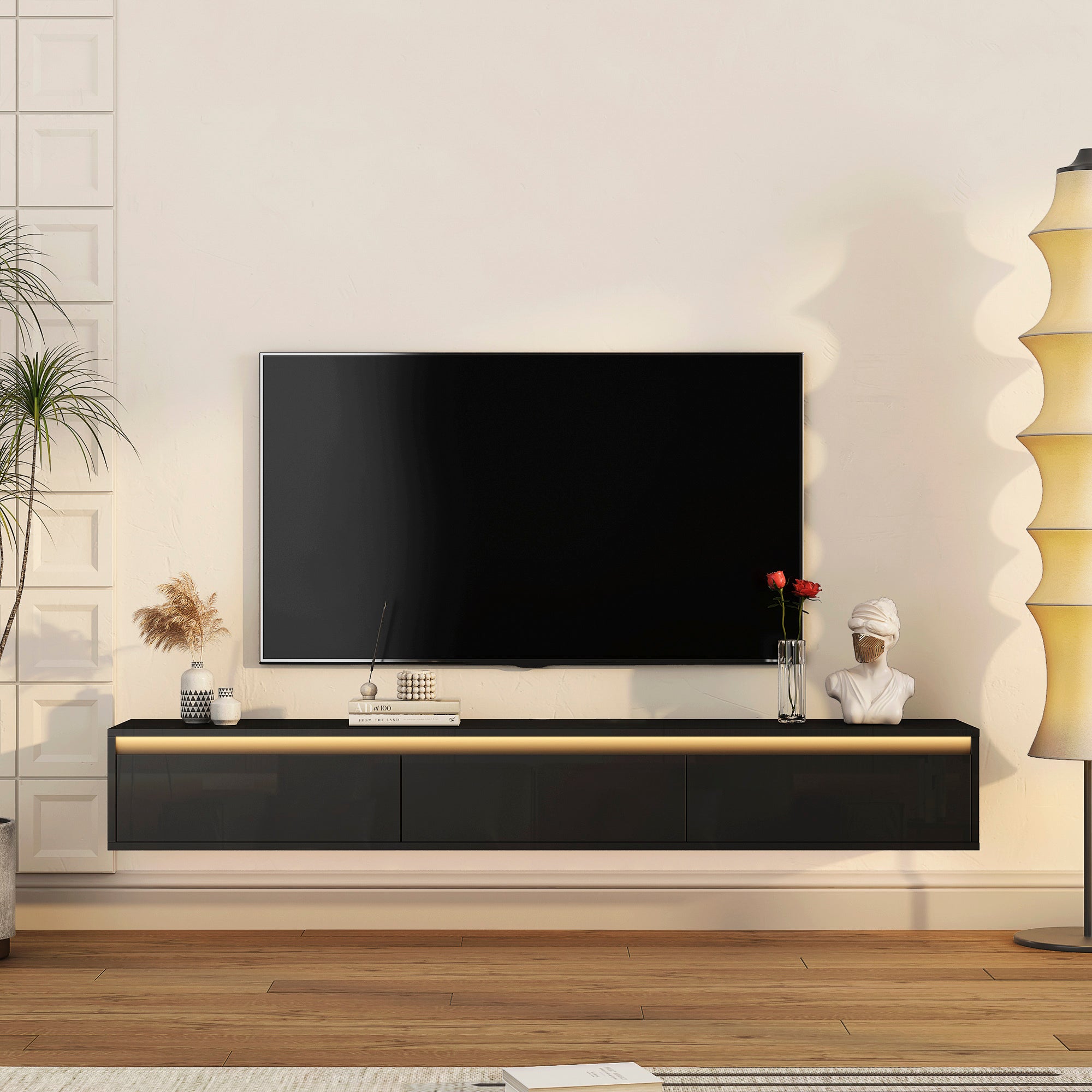 TV Stand Wall-Mounted Floating LED Black MDF 3 AC 2 USB Fits 65 In TV