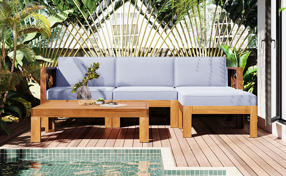 Outdoor Patio Sectional Set Acacia Wood Gray Cushions 5 Piece X-Back
