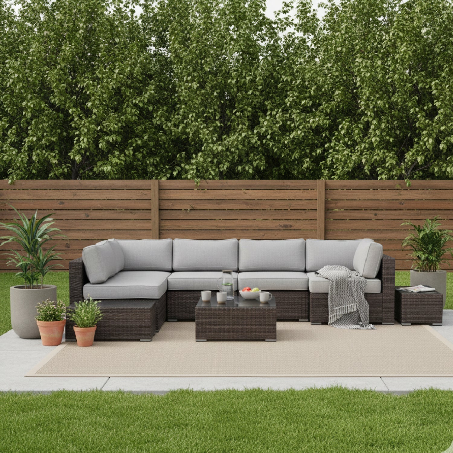 Outdoor Sectional Set HDPE Wicker Espresso 8 Piece Seats 4
