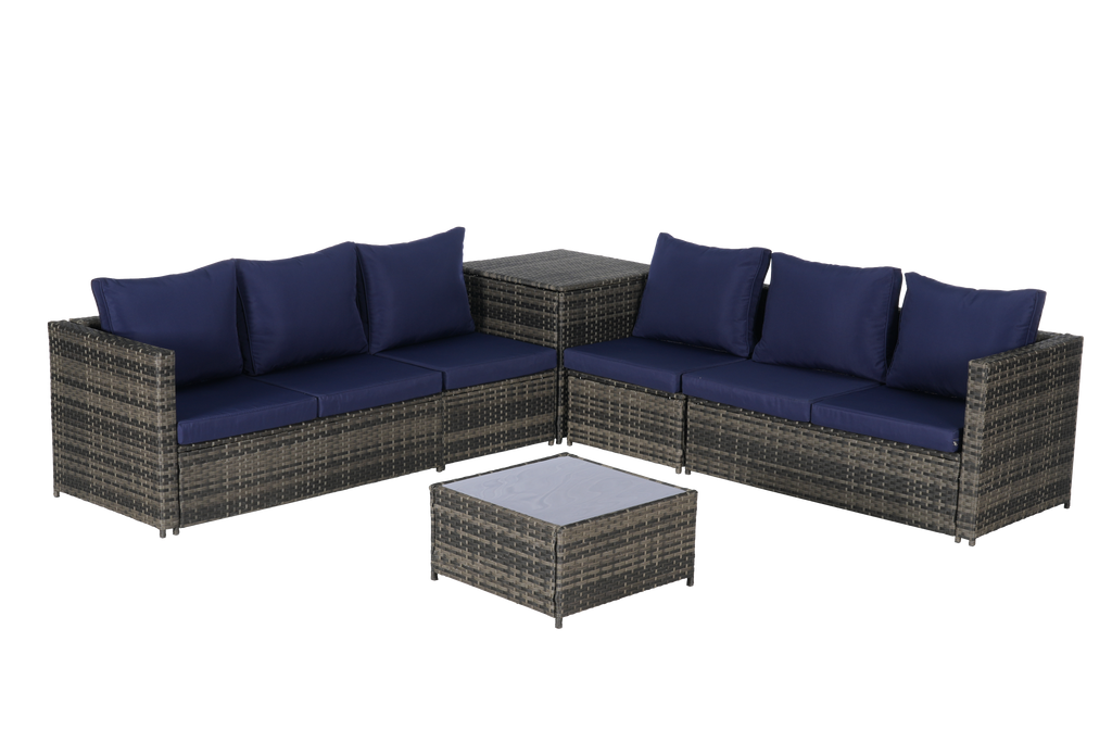 Outdoor Sectional Set PE Rattan Steel Dark Blue L-Shape 6 Piece Seats 8