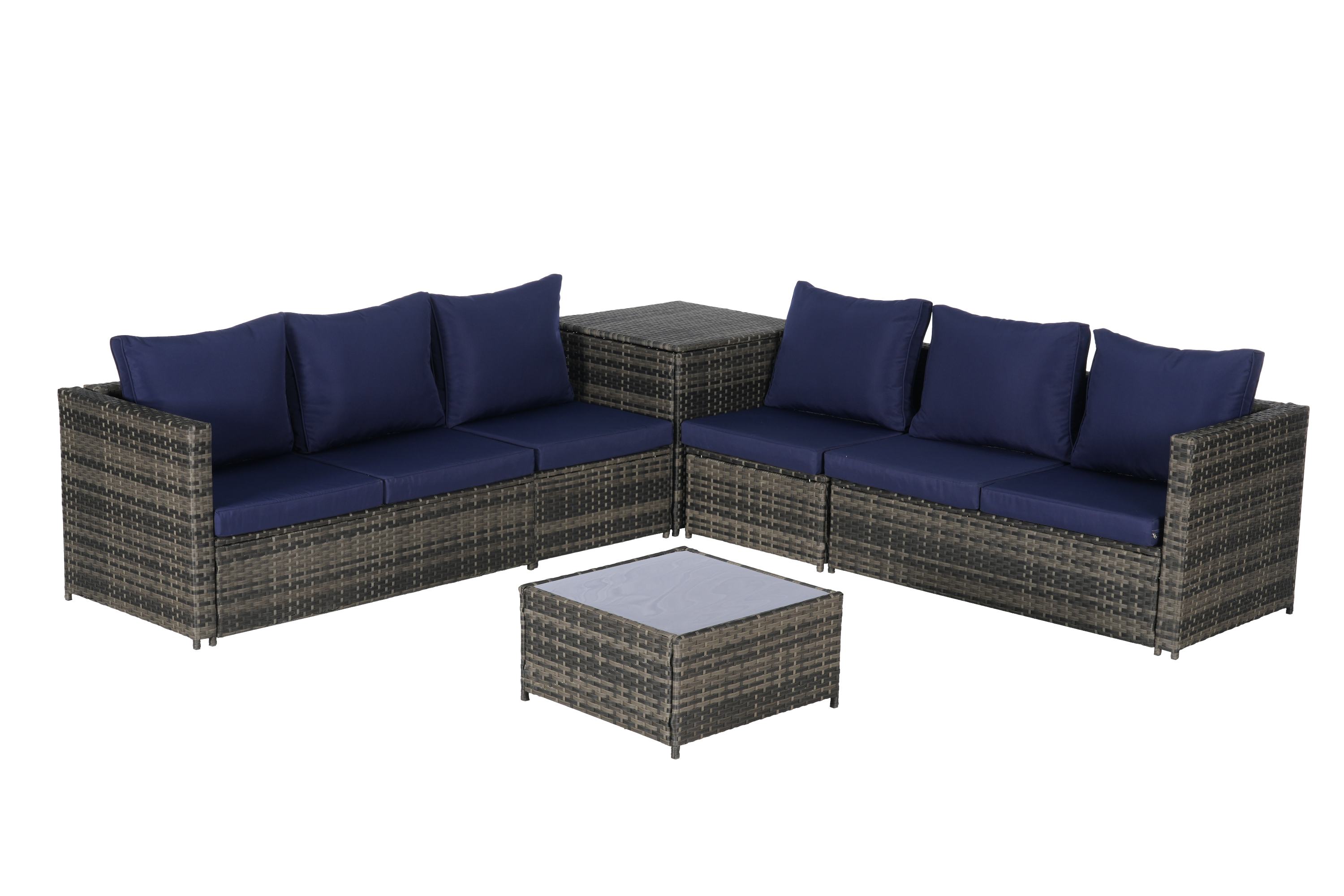 Outdoor Sectional Set PE Rattan Steel Dark Blue L-Shape 6 Piece Seats 8