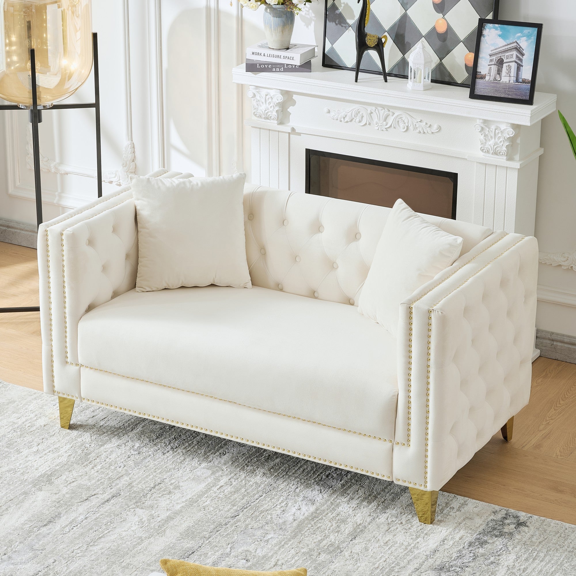 Loveseat Chesterfield Velvet Beige Button Tufted Nailhead Pine Frame 58.6 In