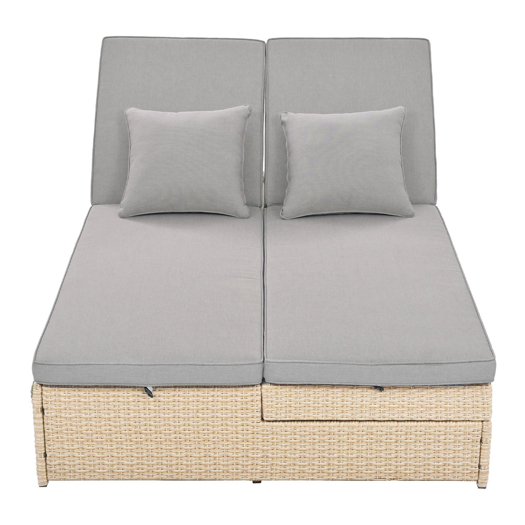 Outdoor Double Sunbed, Wicker Rattan Patio Reclining Chairs with Adjustable