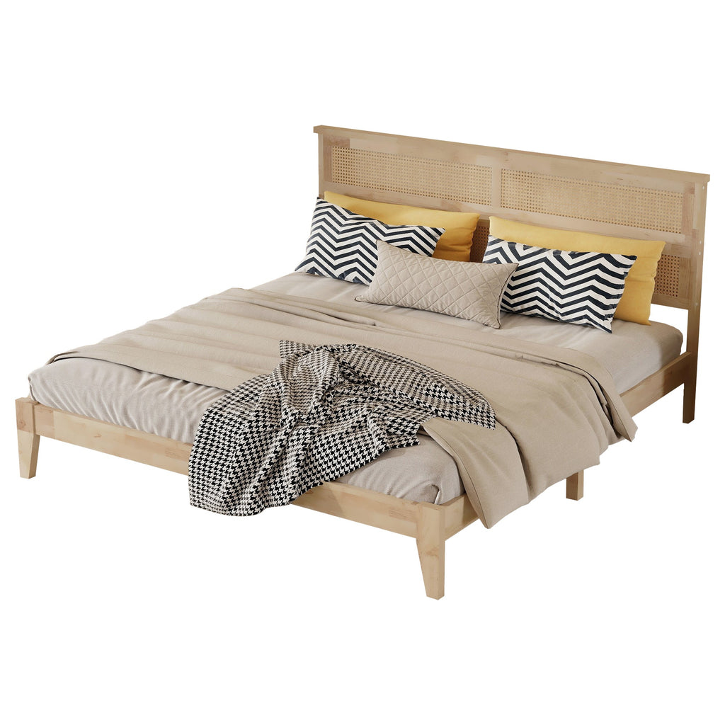 King Size Solid Wood Bed with Rattan Headboard, Rubber Wood Bed with Central