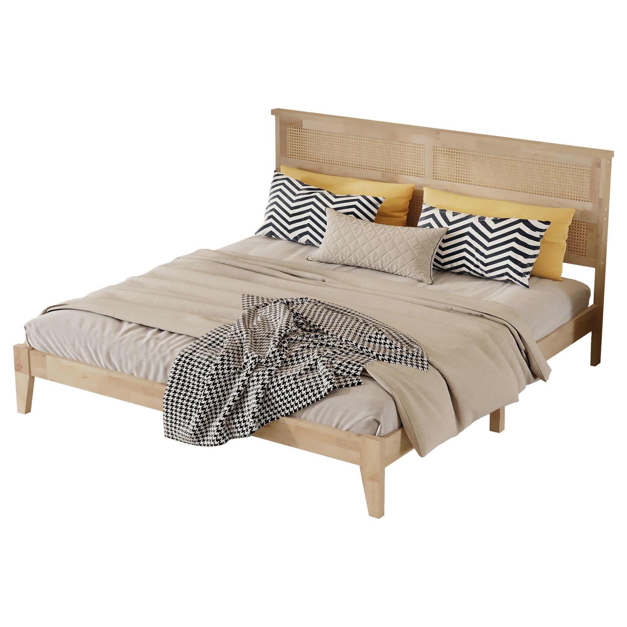 King Size Solid Wood Bed with Rattan Headboard, Rubber Wood Bed with Central