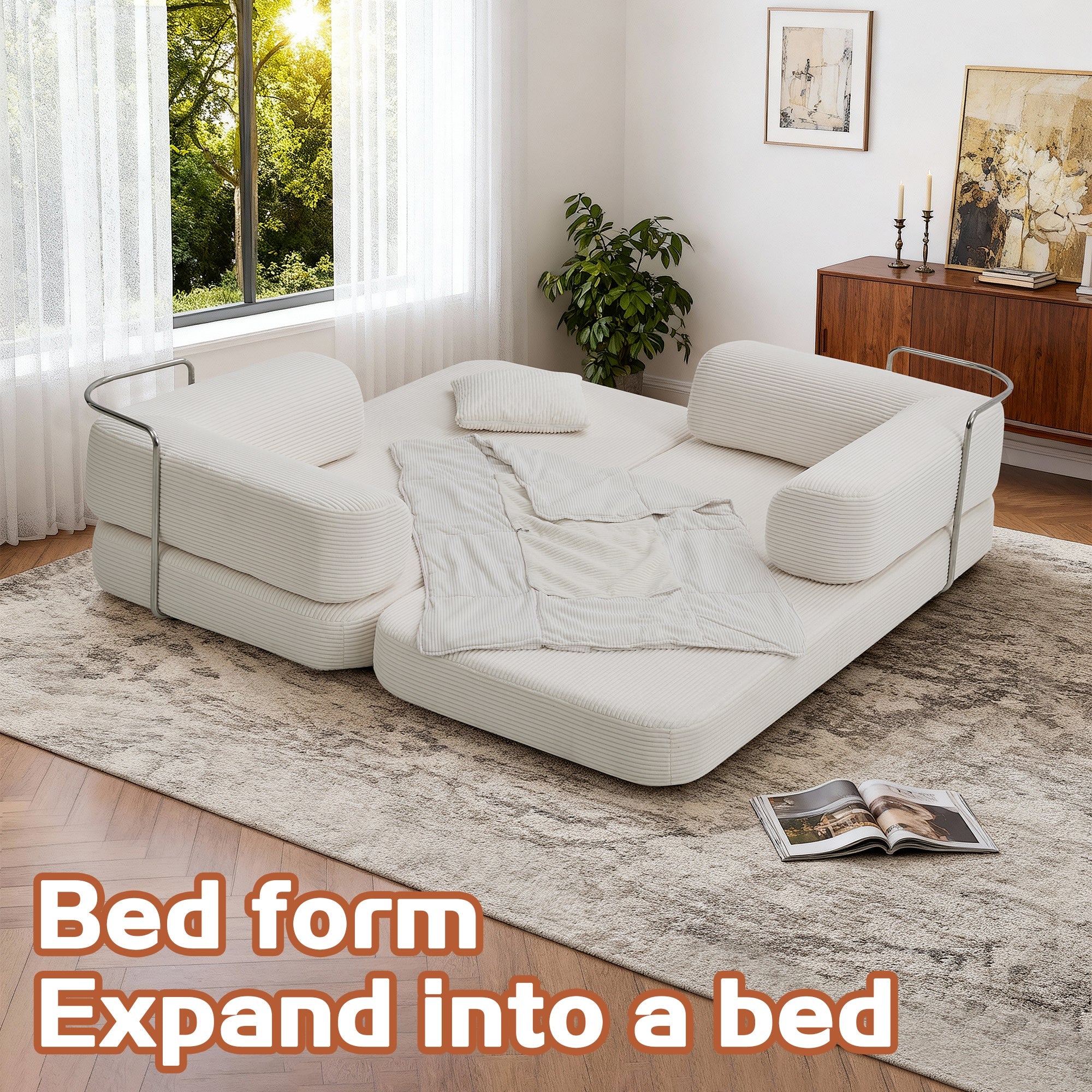 Sofa Floor Low Profile 5-in-1 Corduroy Cream Sleeper with Blanket 74.8 In