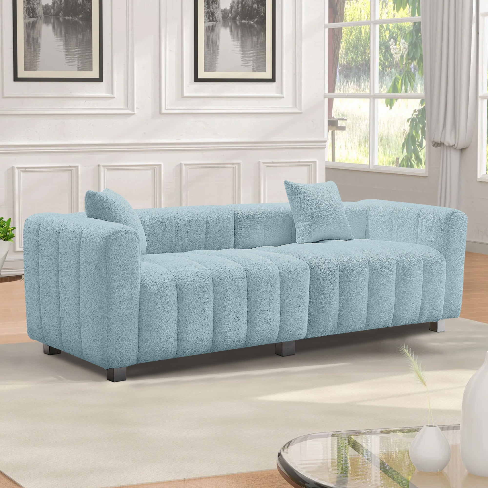 Sofa Modular Velvet Teddy Blue 3 Seat Metal Legs 87 In 750 LB