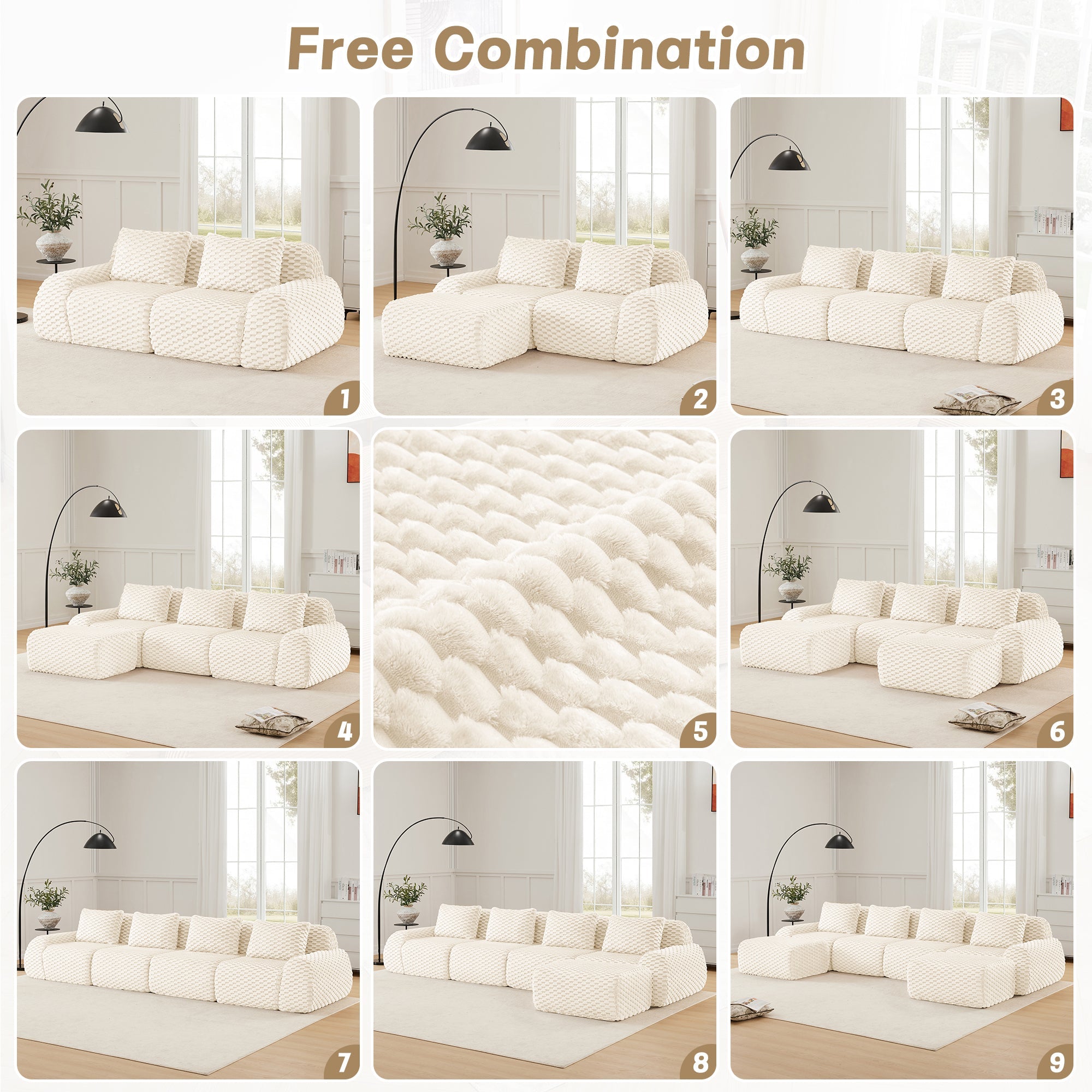 Sectional Sofa Modular Flannelette Cream Deep Seat 2 Seat No Assembly