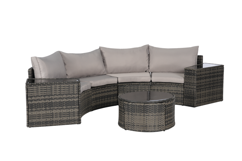 Outdoor Sectional Set PE Rattan Steel Light Gray Half Moon 7 Piece 380 LB