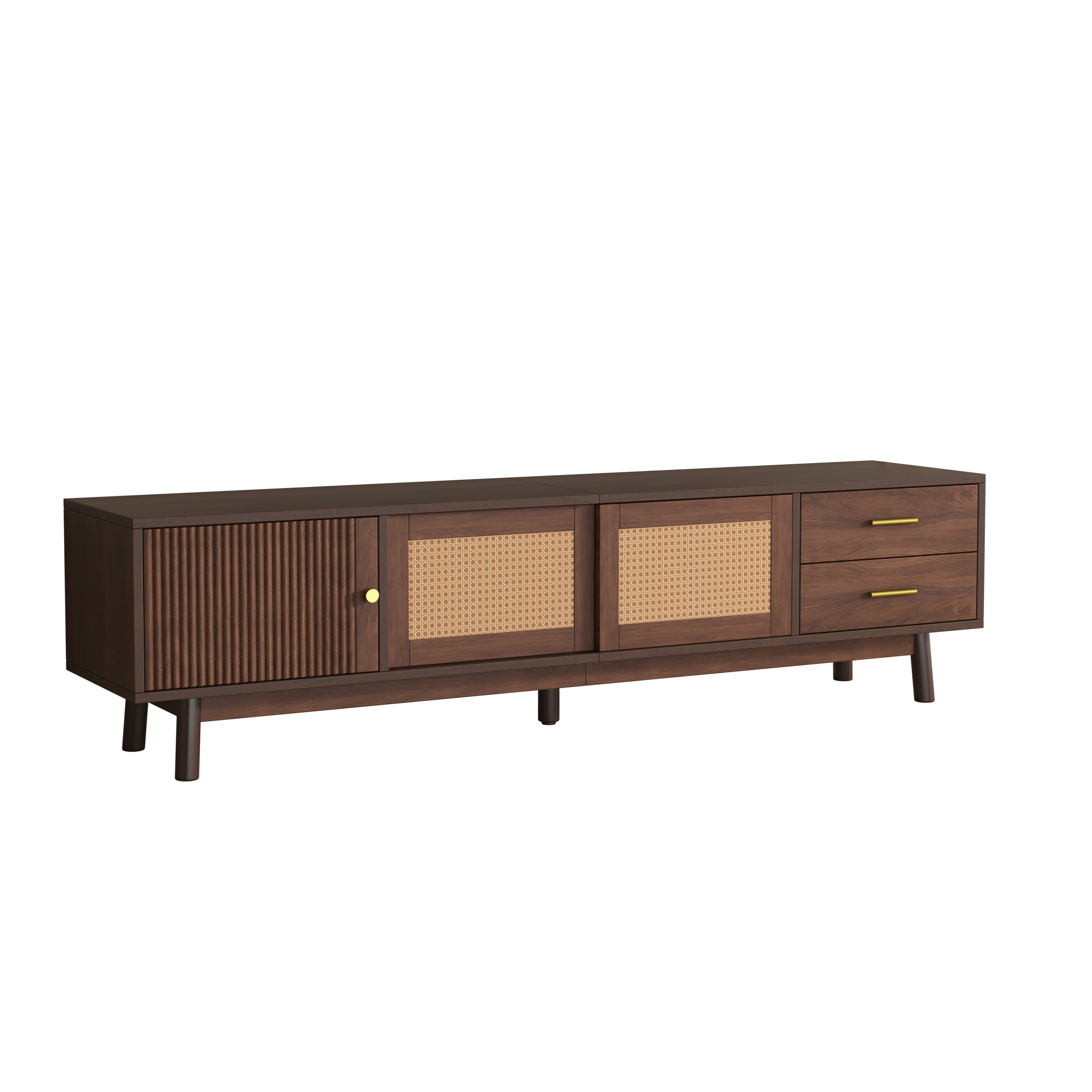 TV Stand Mid-Century Dark Brown Solid Wood Rattan Sliding Door Fits 80 In TV