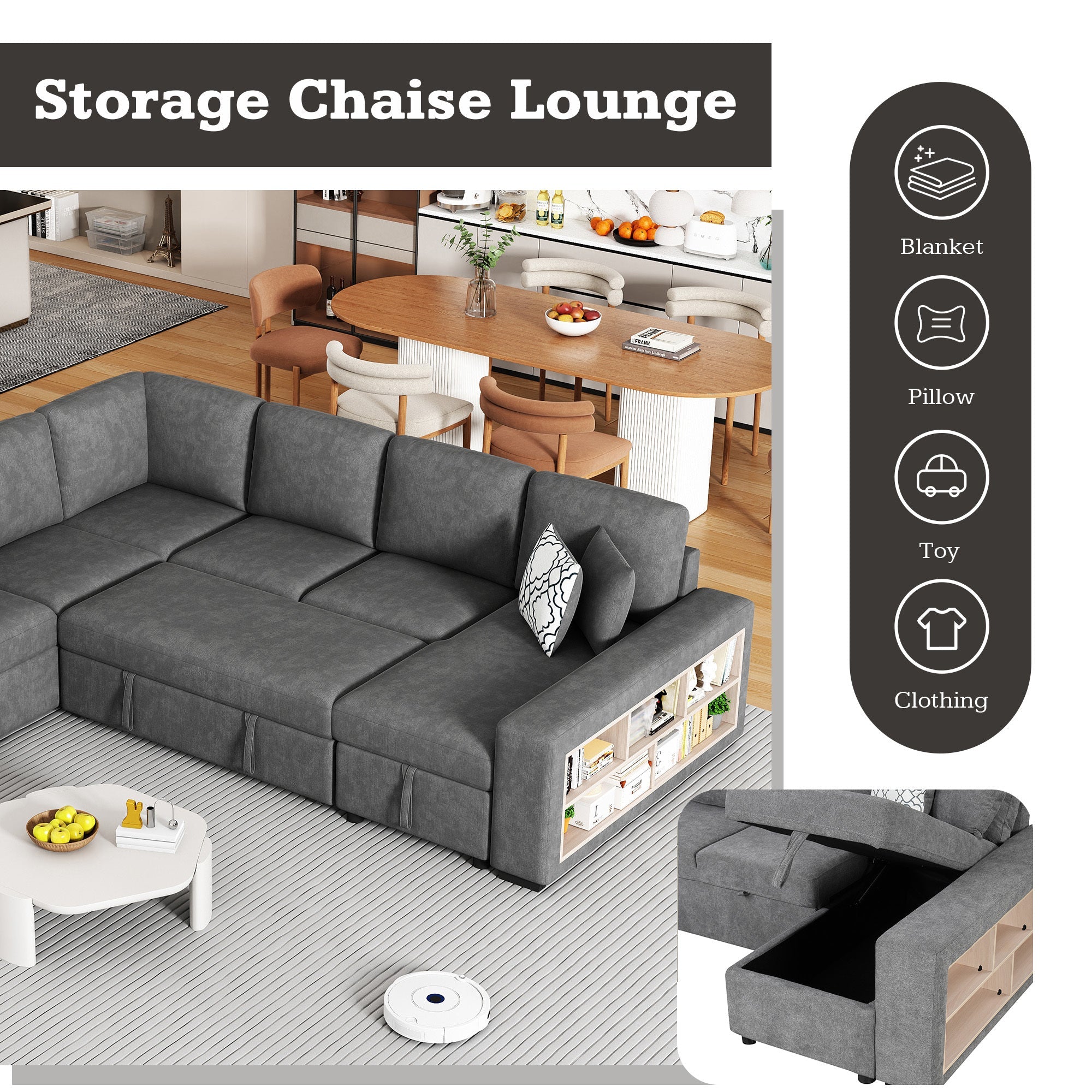 Sectional Sofa U-Shape Chenille Gray 5 Seat USB Ports Pull-Out 109 In