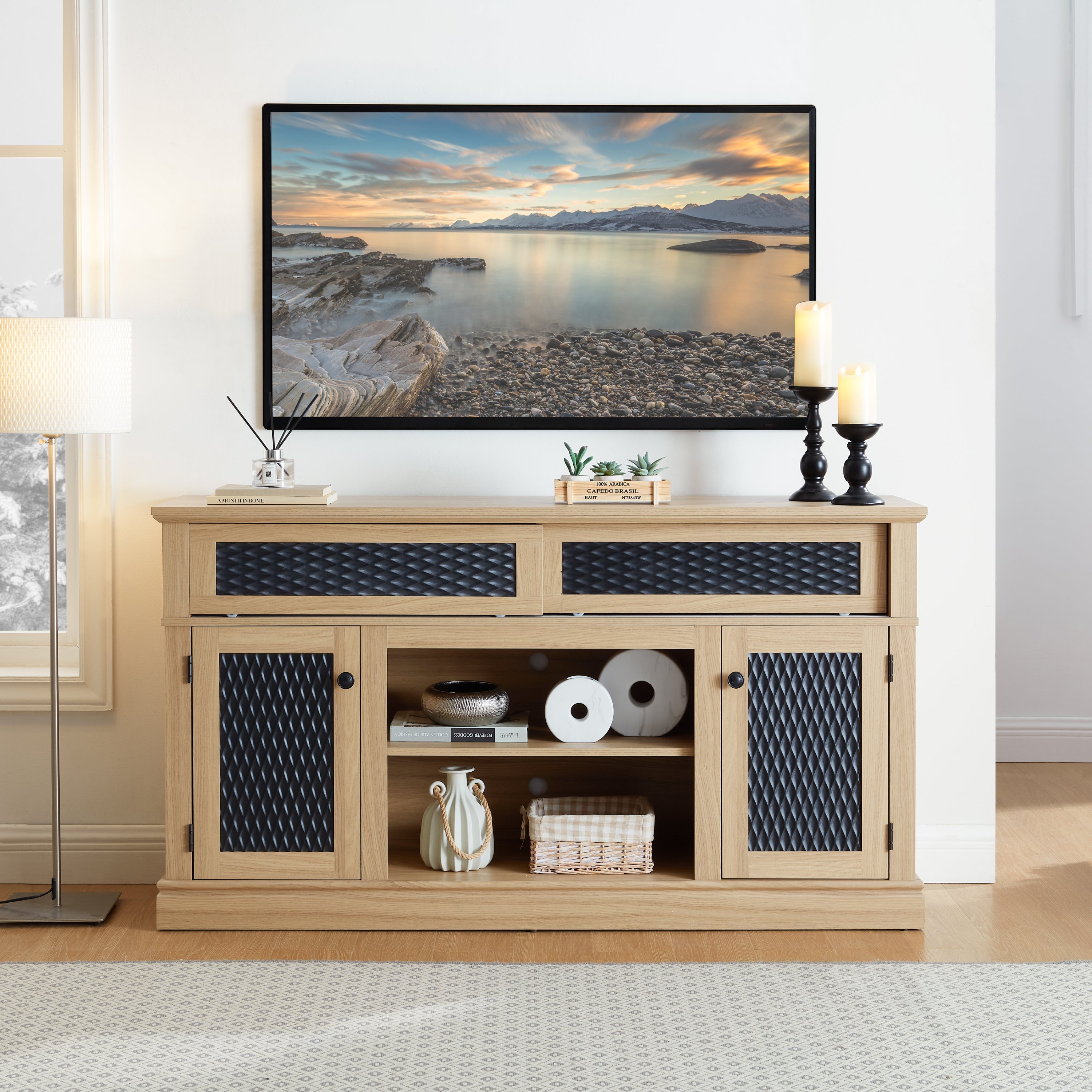 TV Stand Farmhouse Light Oak MDF Embossed Doors 3-Shelf Fits 65 In TV 58.27 In