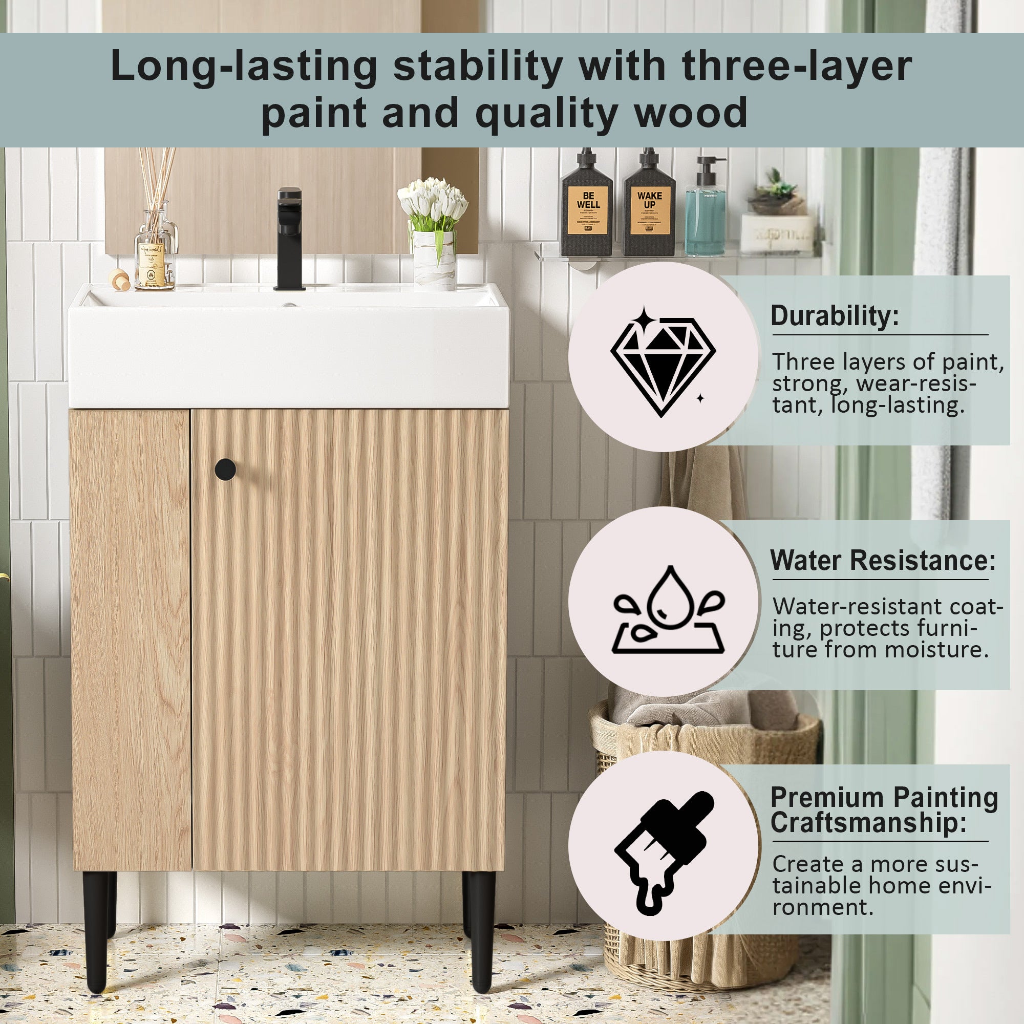 Modern Wood Bathroom Vanity with Ceramic Sink, Left Side Storage, 21.6' W x 1...