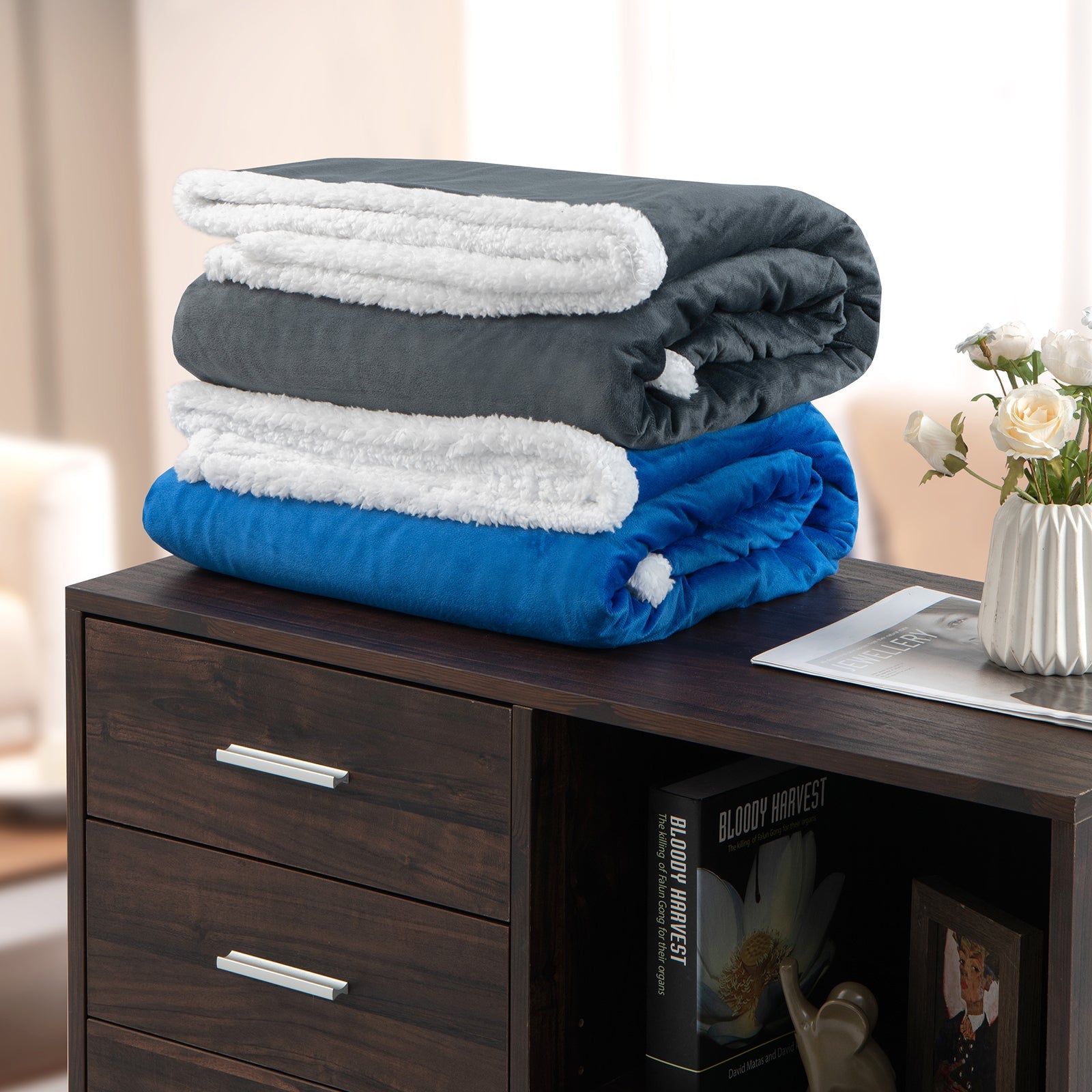 Electric Heated Blanket Throw Reversible Flannel and Sherpa Blanket