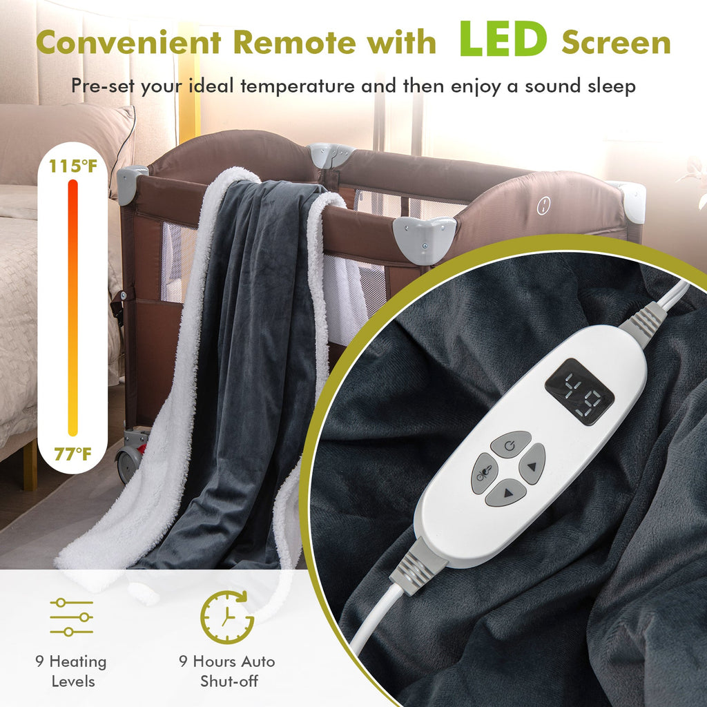 Electric Heated Blanket Throw Reversible Flannel and Sherpa Blanket