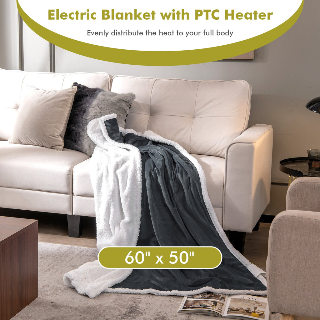 Electric Heated Blanket Throw Reversible Flannel and Sherpa Blanket