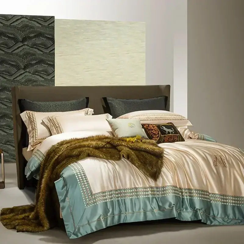 Elegant cream & teal 1200tc egyptian cotton bedding set bedroom